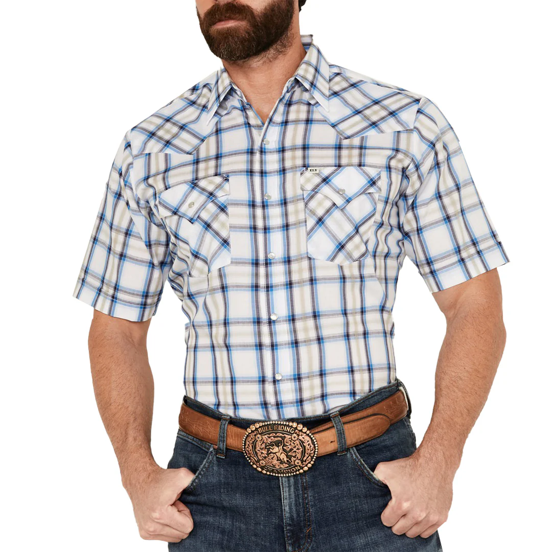 Ely Cattleman Men's Short Sleeve Plaid Western Snap Shirt