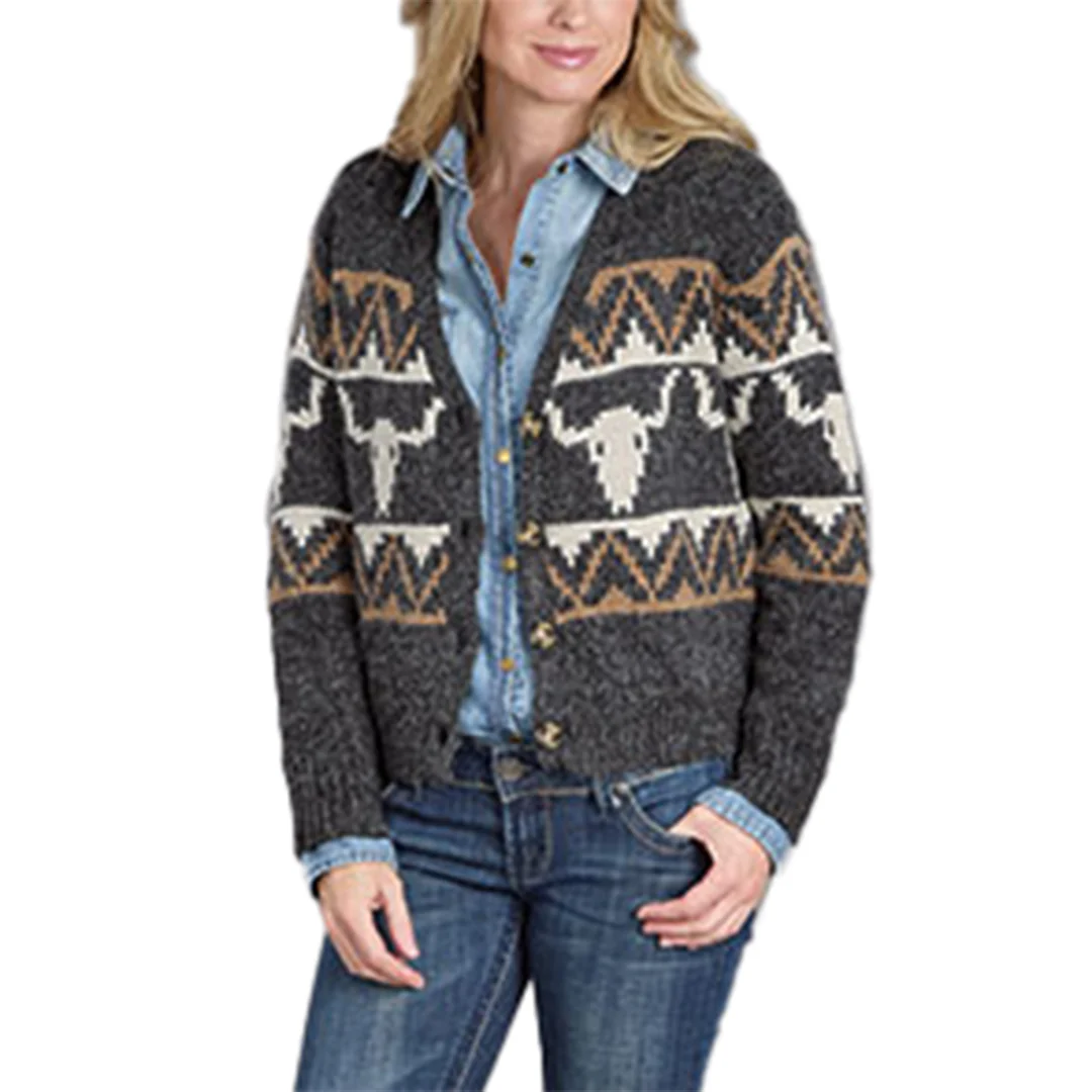 Stetson Women's Vintage Steer Head Border Cardigan Sweater