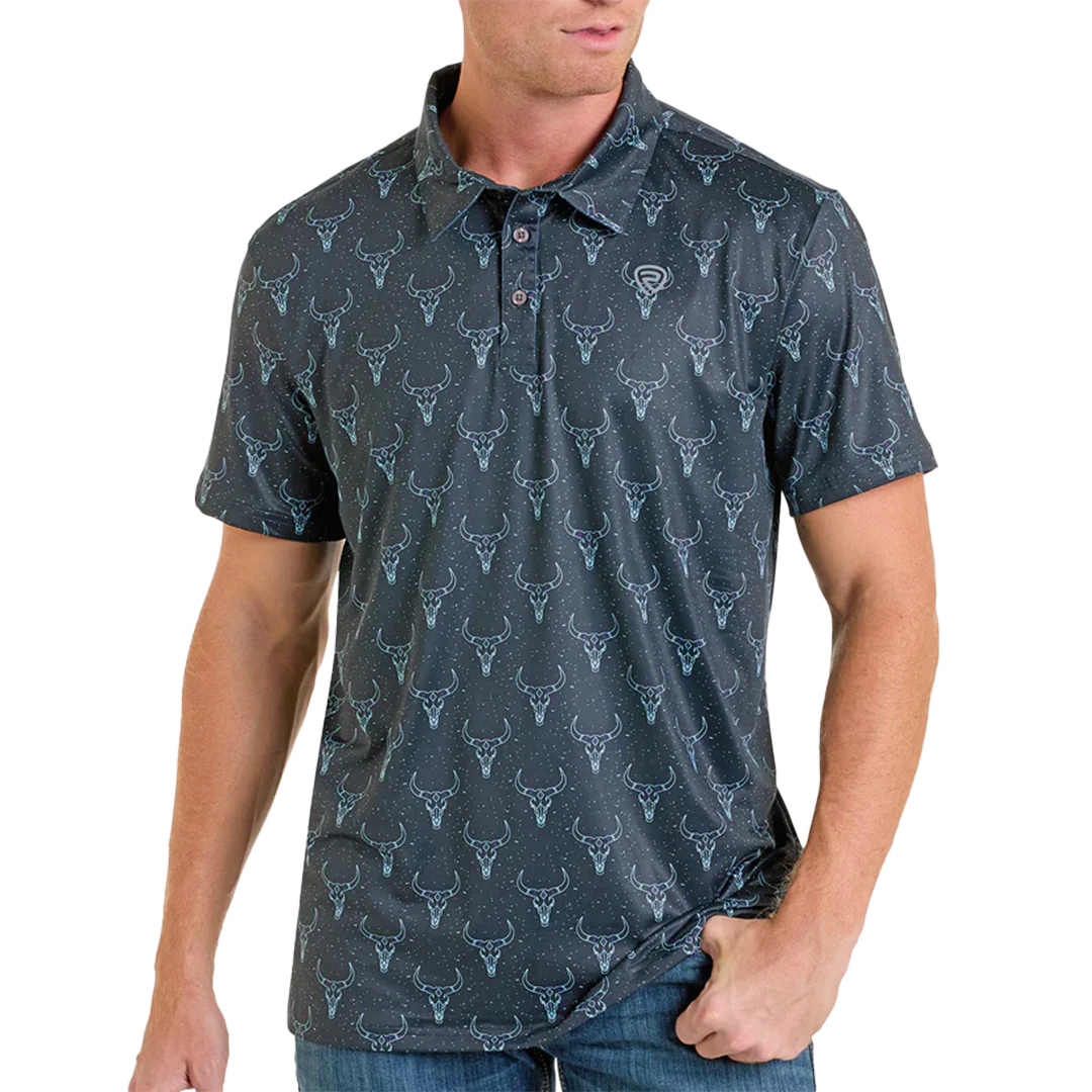 Rock & Roll Denim Men's Longhorn Skulls Print Short Sleeve Polo