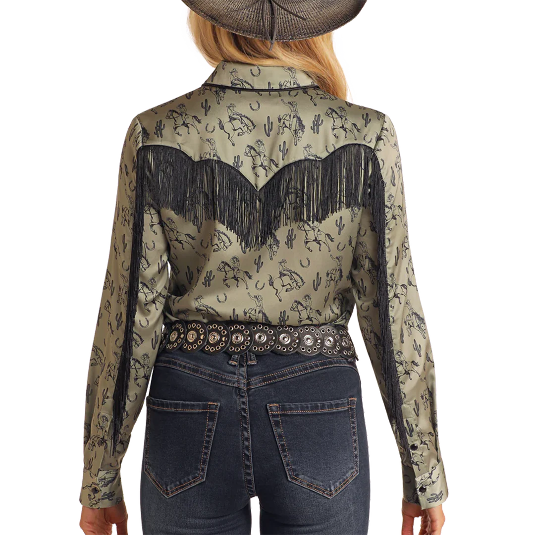 Rock & Roll Denim Women's Fringe Western Print Long Sleeve Shirt