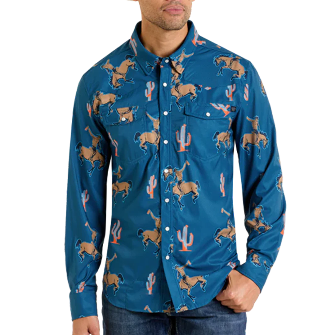 Rock & Roll Denim Men's Cactus And Bronco Print Long Sleeve Snap Shirt