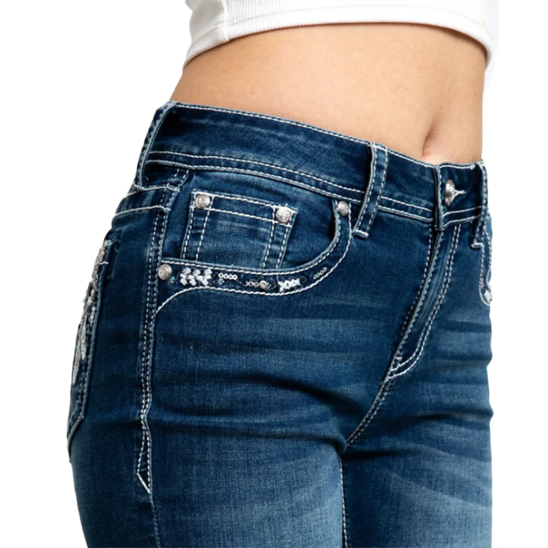 Grace In LA Women's Steer Head Modify Embellished Mid Rise BootCut Jeans