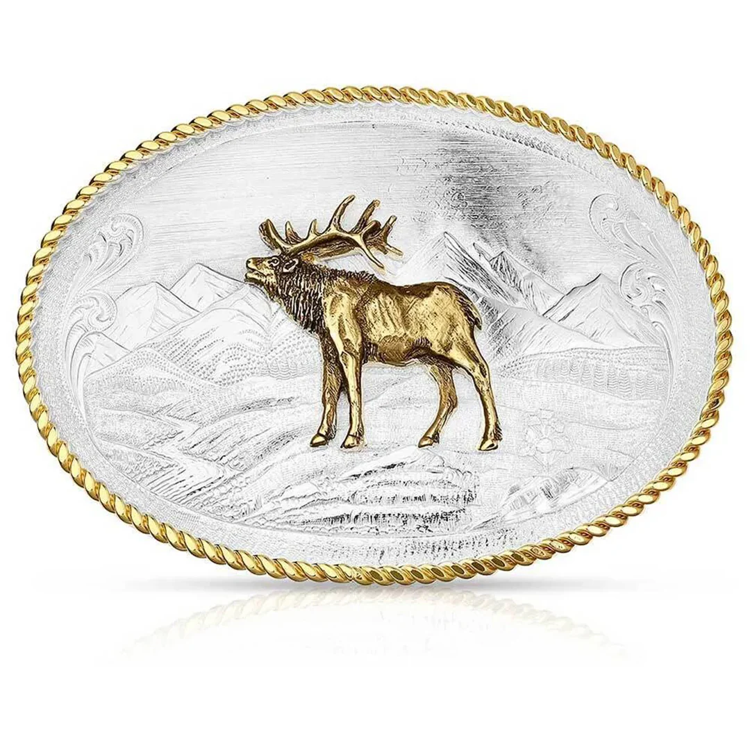 Montana Silversmiths Etched Mountain Scene & Bull Elk Belt Buckle