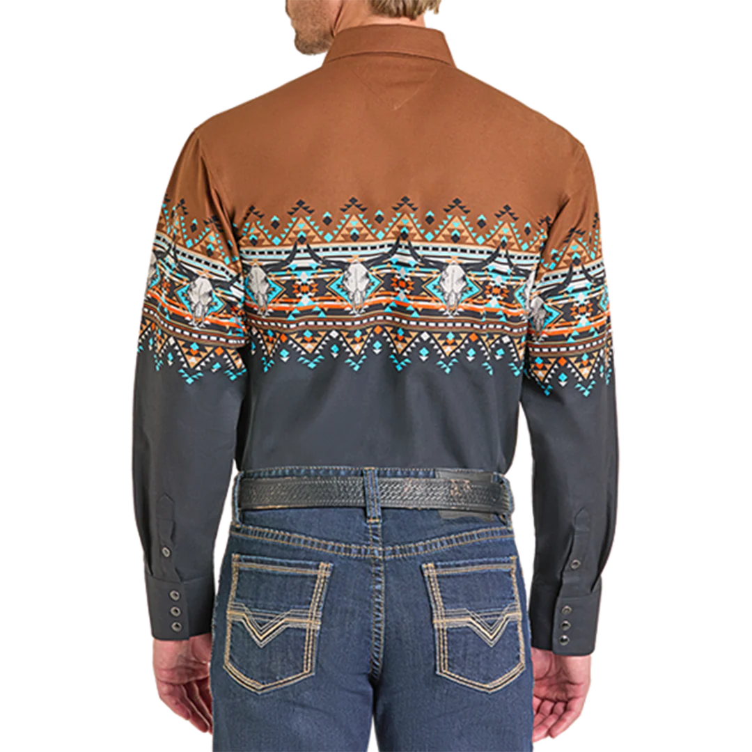 Panhandle Men's Aztec Print Border Long Sleeve Snap Shirt