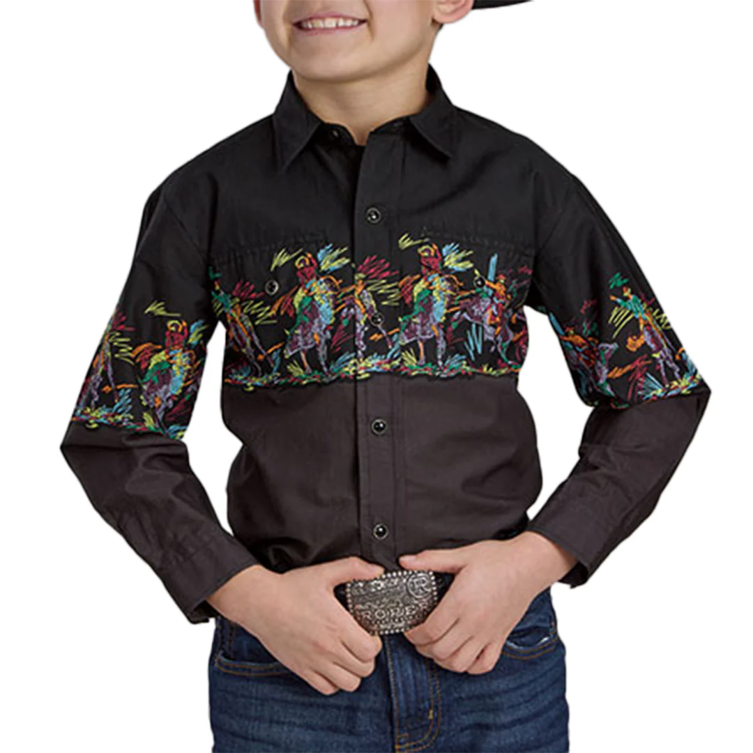 Roper Boys' Vintage Collection Border Print Long Sleeve Snap Shirt