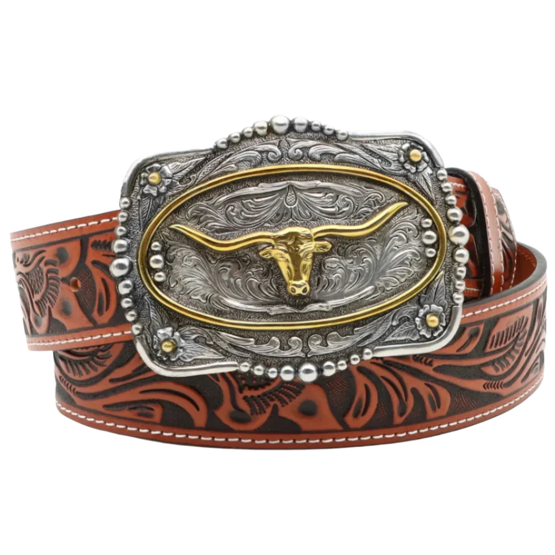 AndWest Men's Longhorn Tooled Belt