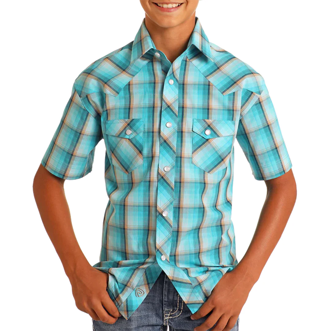 Rock & Roll Denim Boys' Plaid Dobby Short Sleeve Snap Shirt