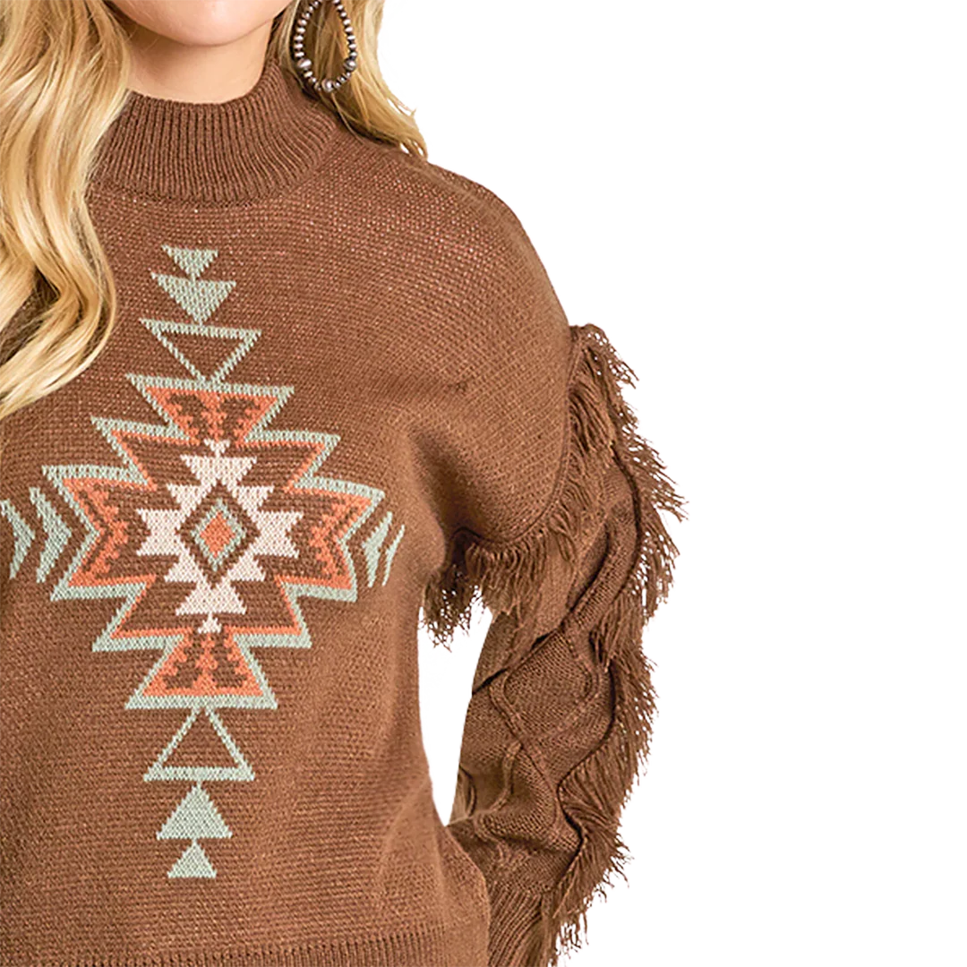 Rock & Roll Denim Women's Aztec Knit Fringe Sweater