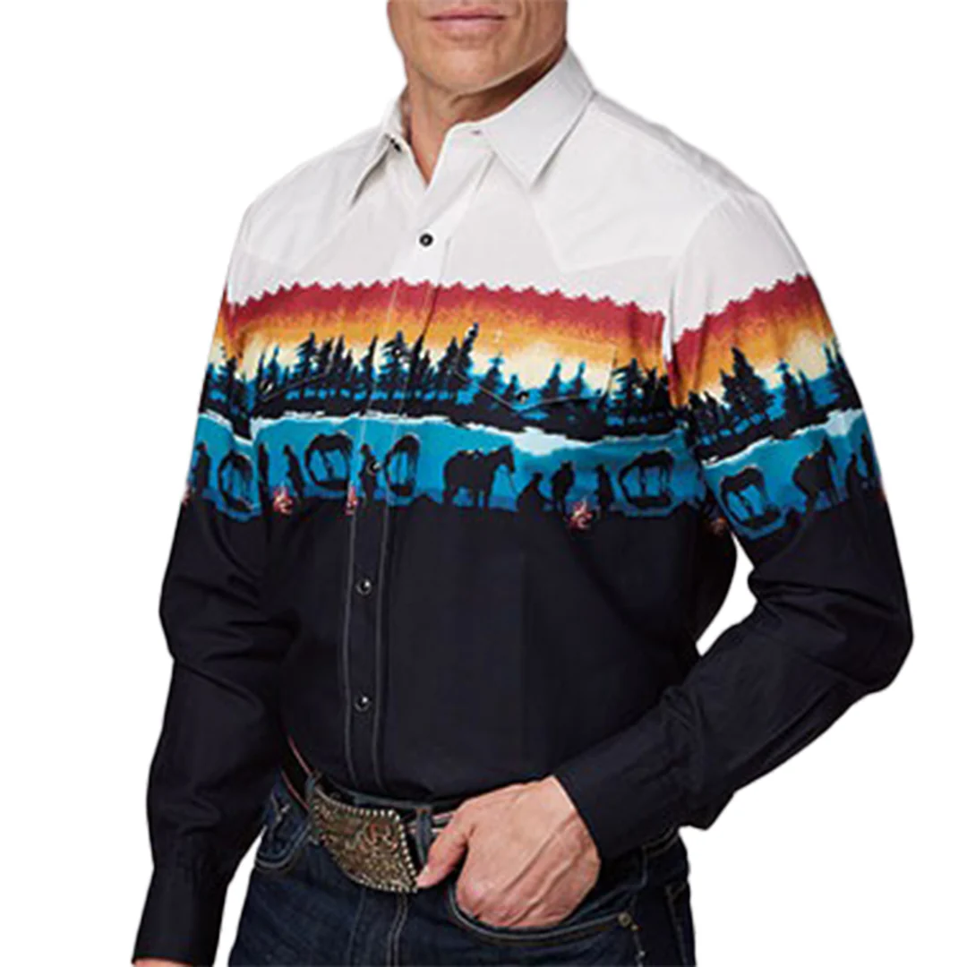 Roper Men's Scene Border Print Long Sleeve Snap Shirt