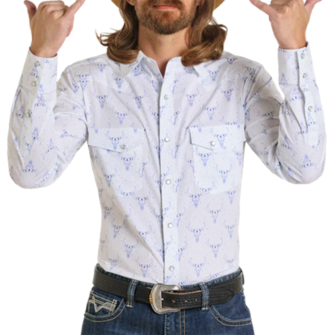 Rock & Roll Denim Men's Longhorn Print Long Sleeve Snap Shirt
