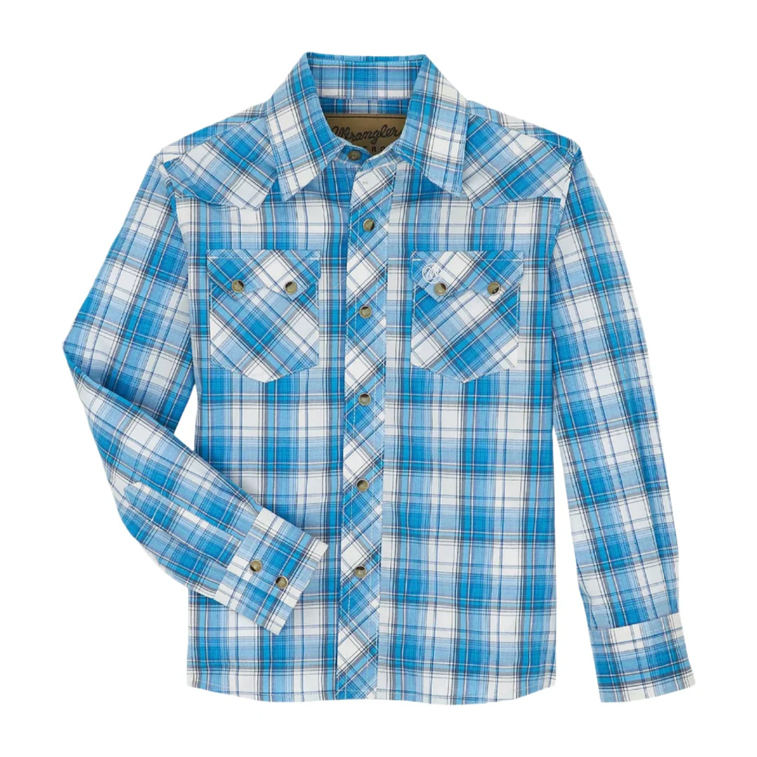 Wrangler Boys' Retro Western Plaid Long Sleeve Snap Shirt