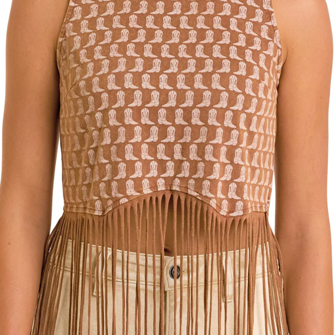 Rock & Roll Denim Women's Boot Print Fringe Top