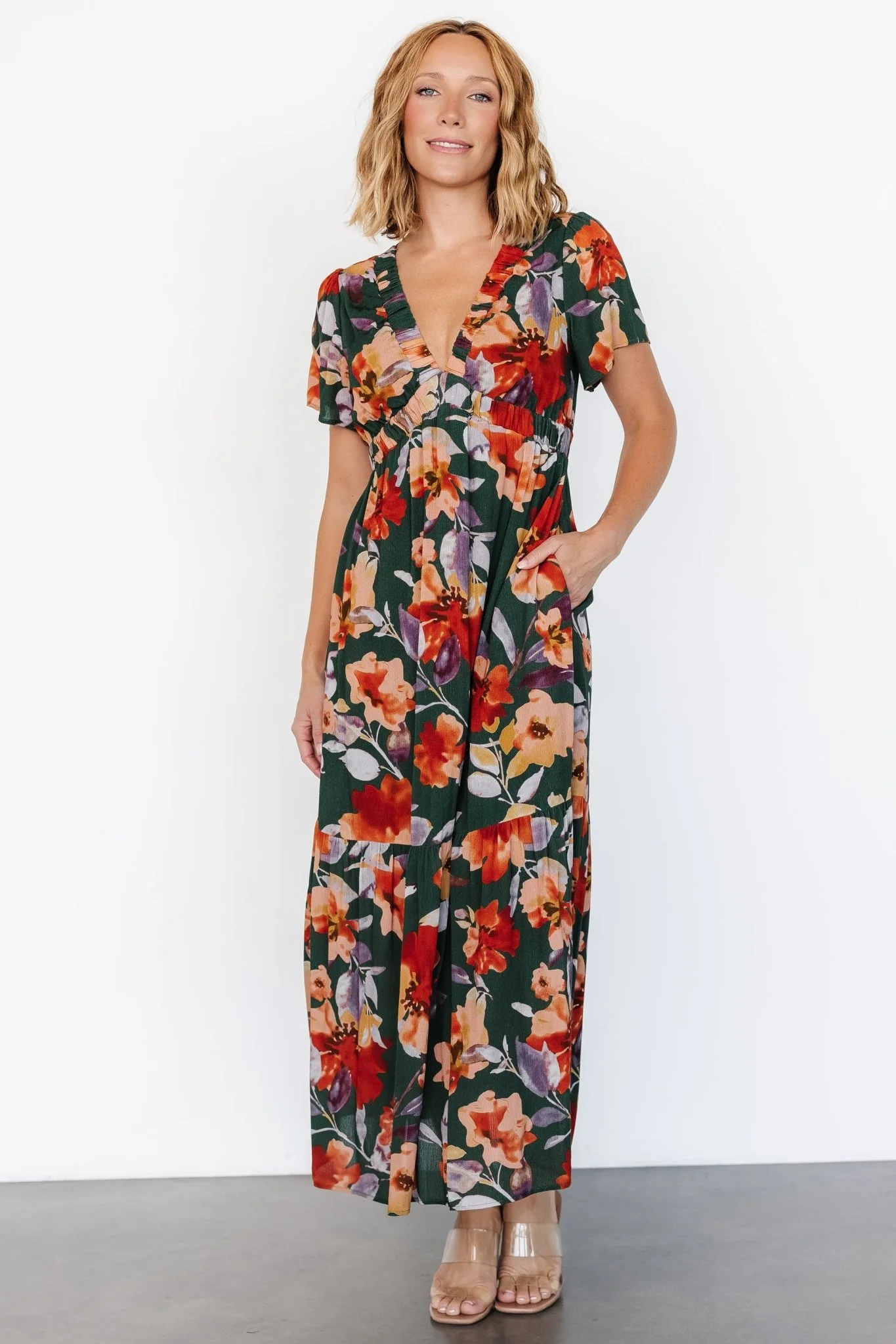 Cassie Short Sleeve Dress | Dark Green Floral