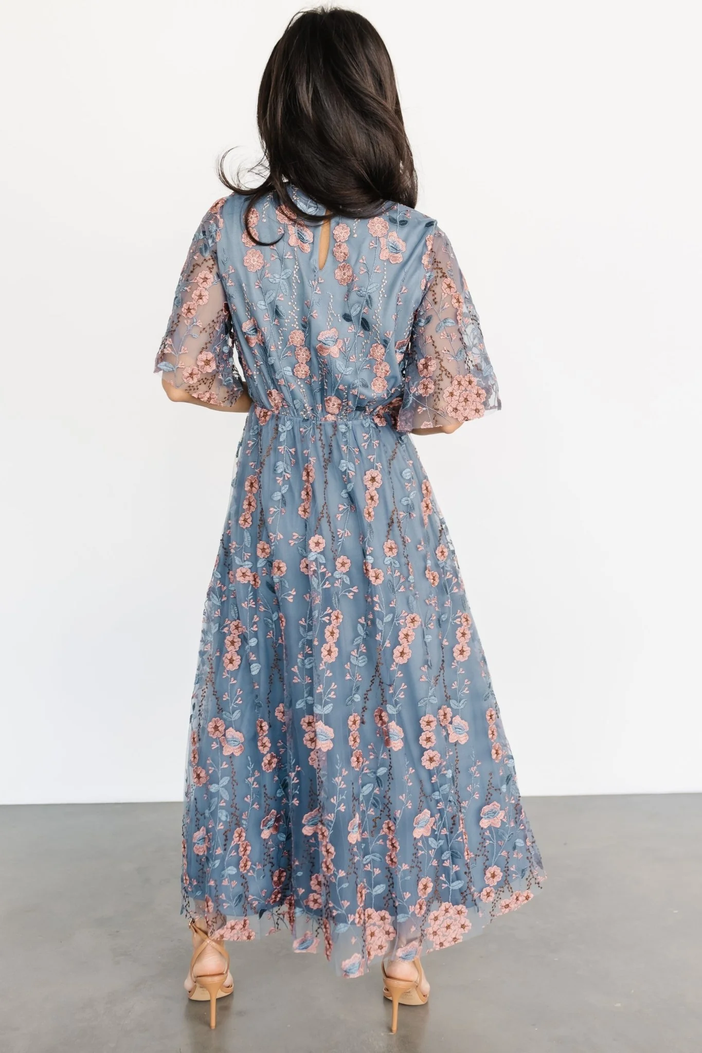 Arabella Embroidered Tulle Maxi Dress | Blue + Pink