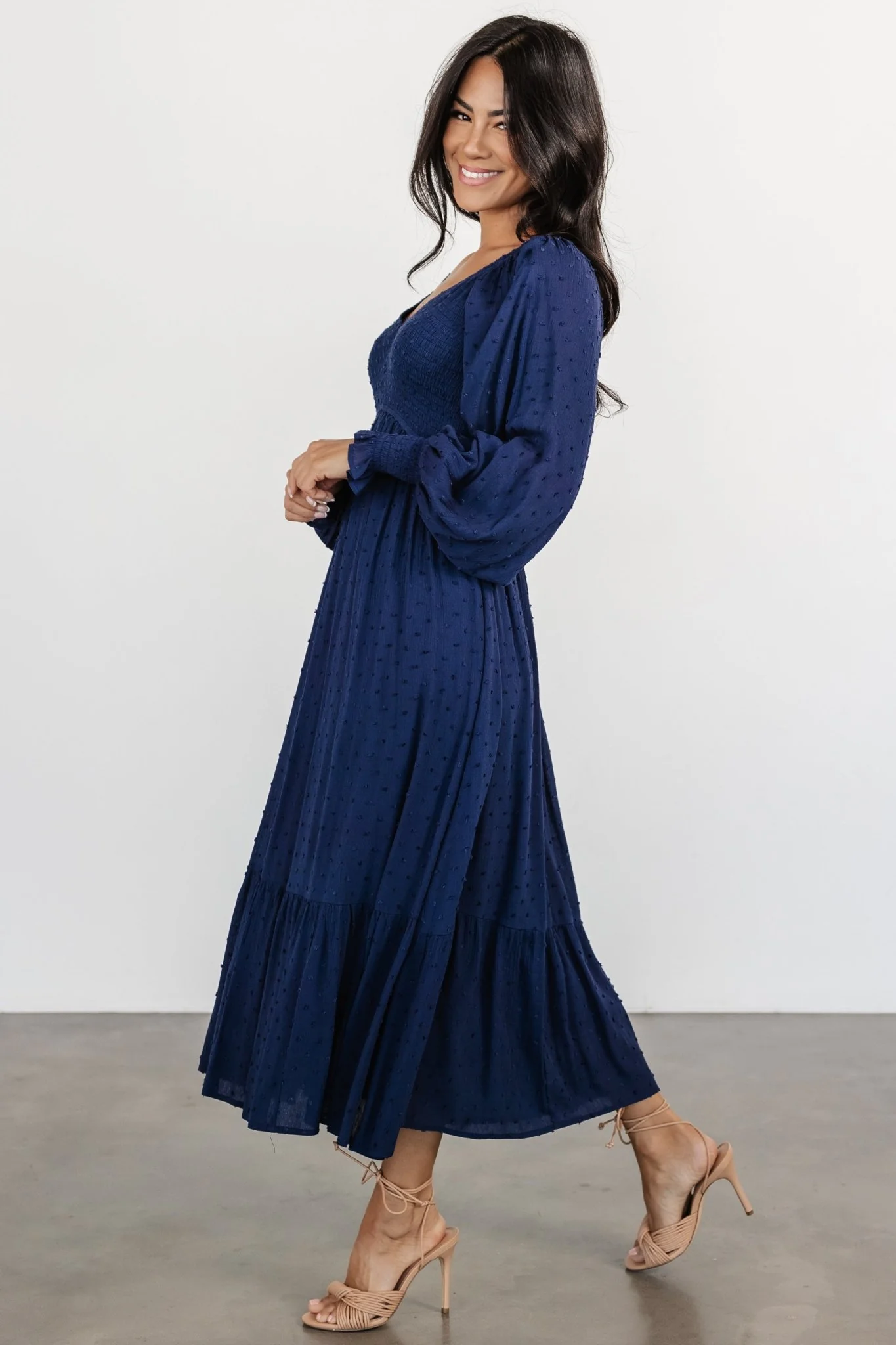 Lainey Smocked Dotted Midi Dress | Midnight Blue