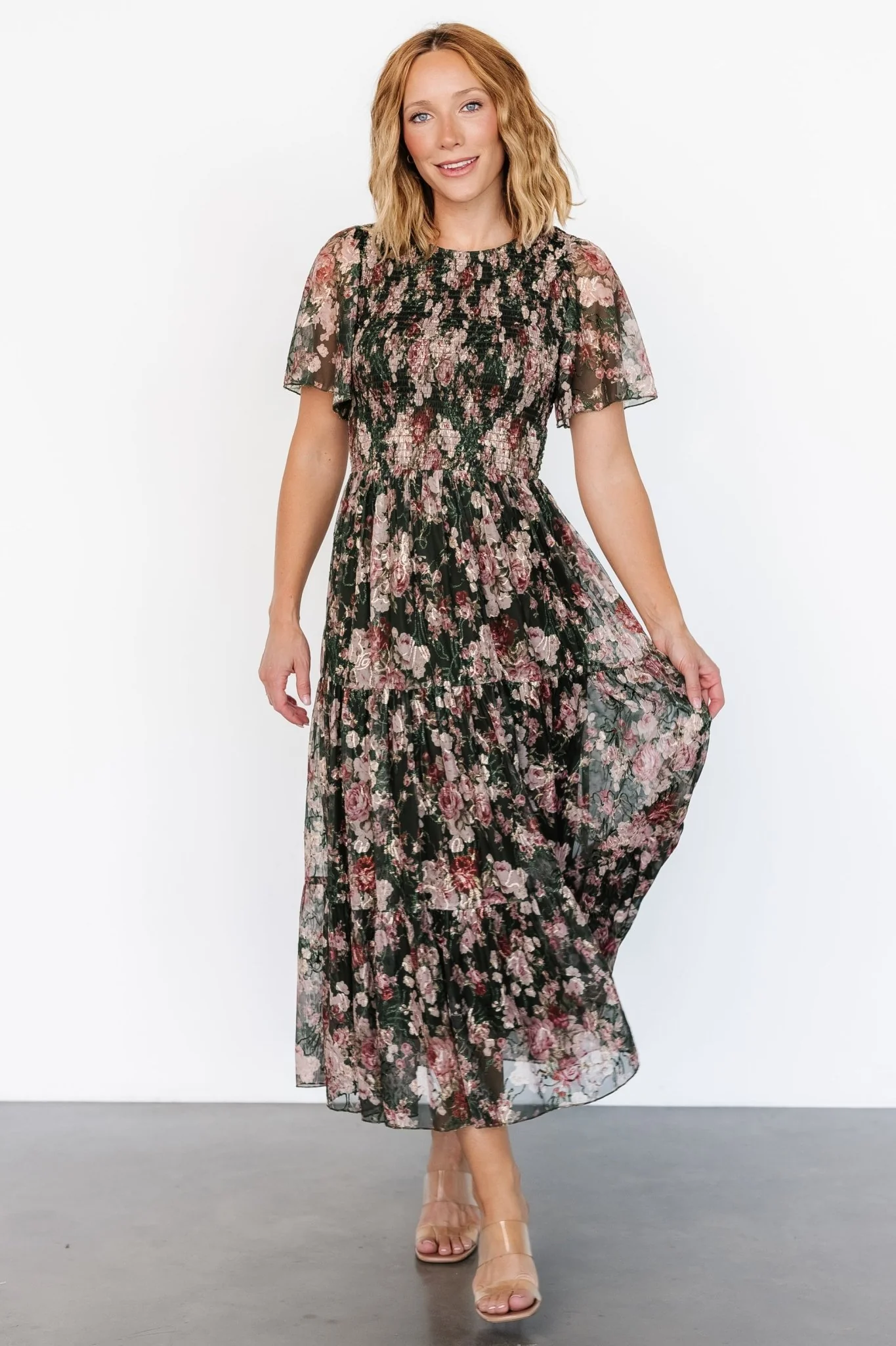 Mara Embroidered Tulle Dress | Dark Green + Blush Floral