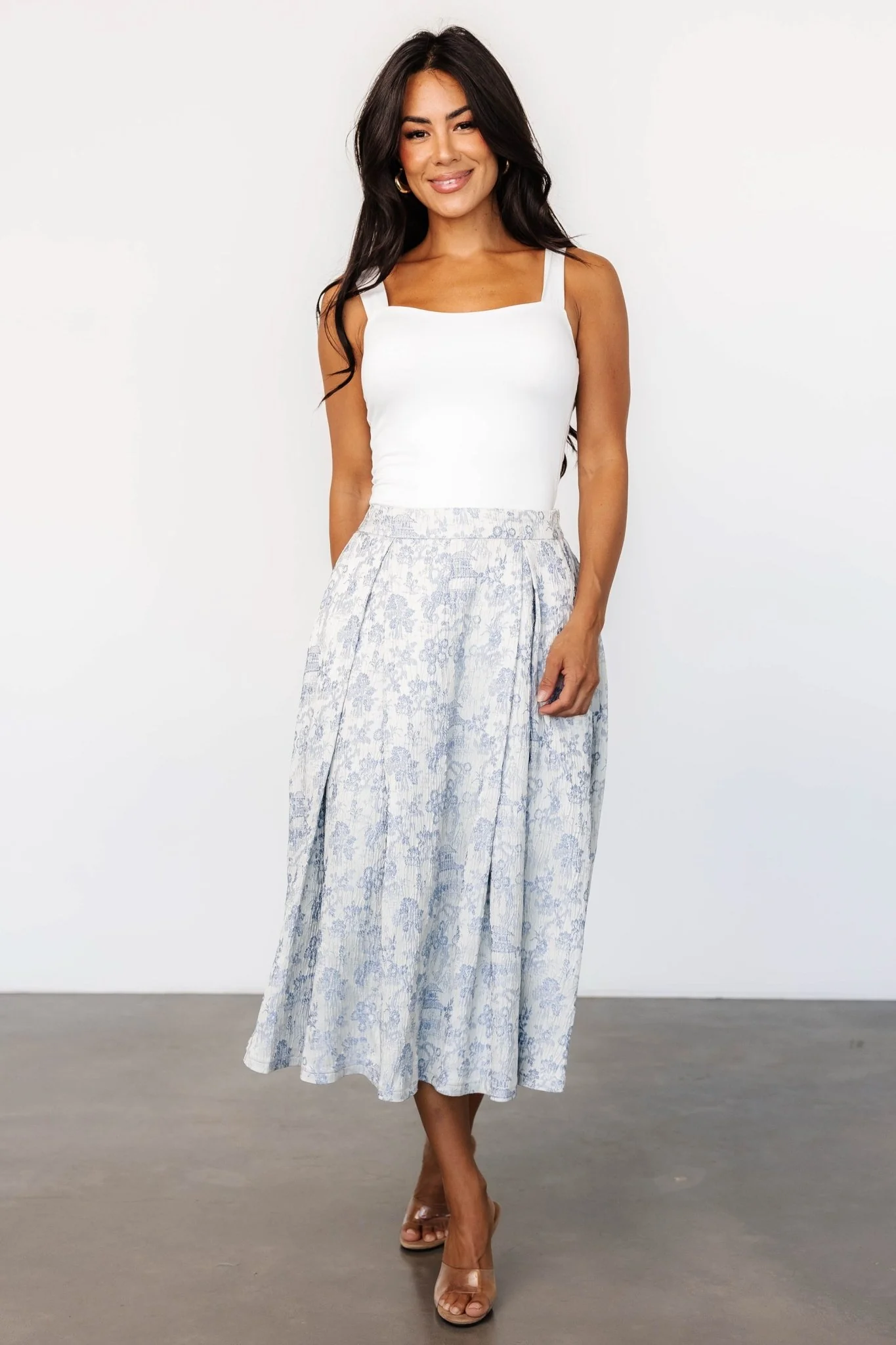Jeanne Pleated Midi Skirt | Pearl + Light Blue