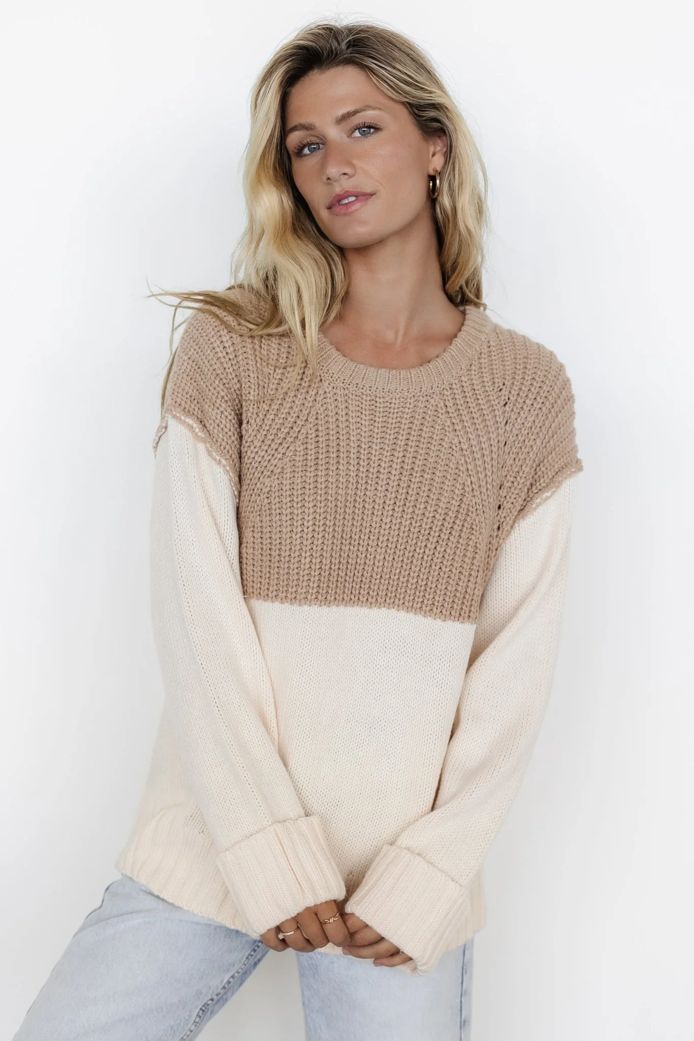 Mabel Cuffed Sweater | Cream + Taupe