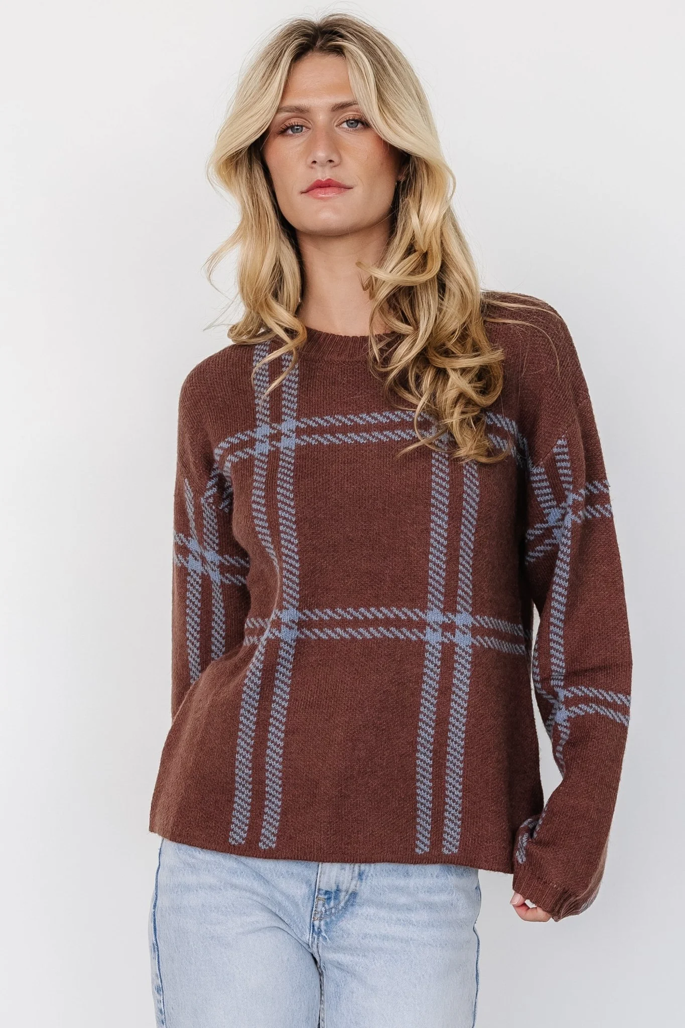 Francie Sweater | Brown + Blue Plaid