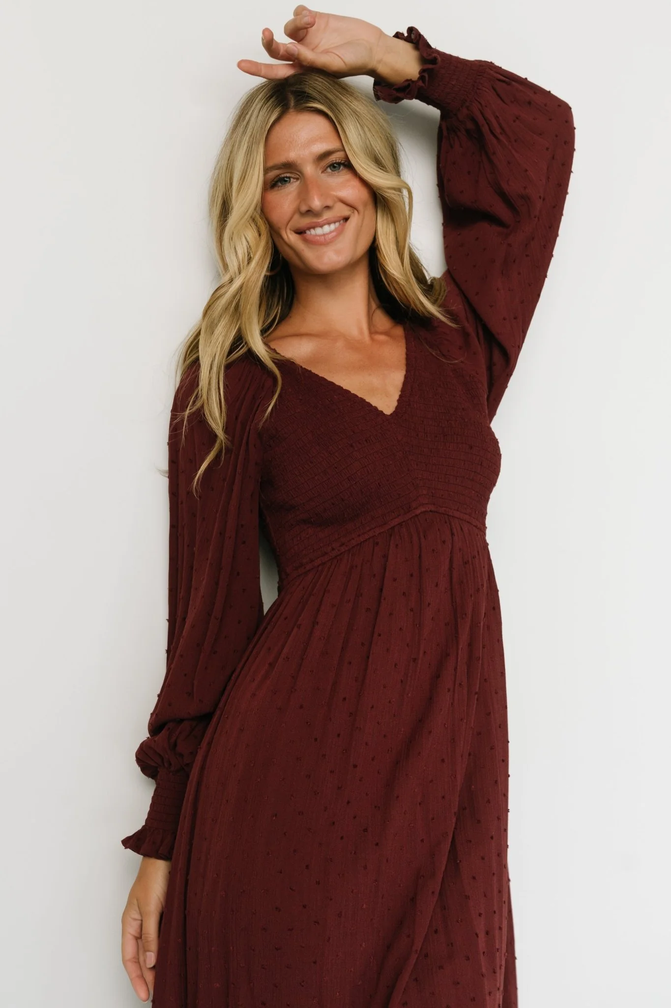 Lainey Smocked Dotted Midi Dress | Mulberry