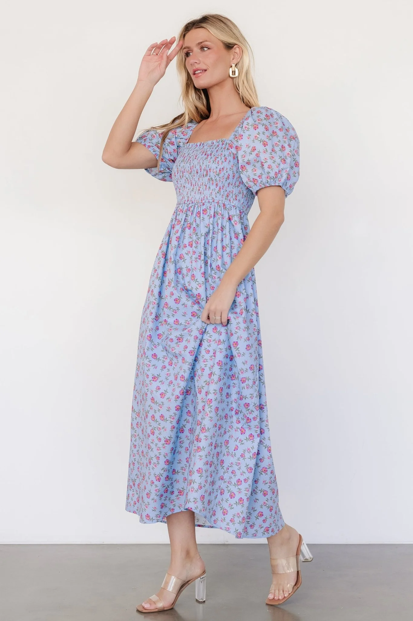 Haddie Smocked Midi Dress | Light Blue + Rose Floral