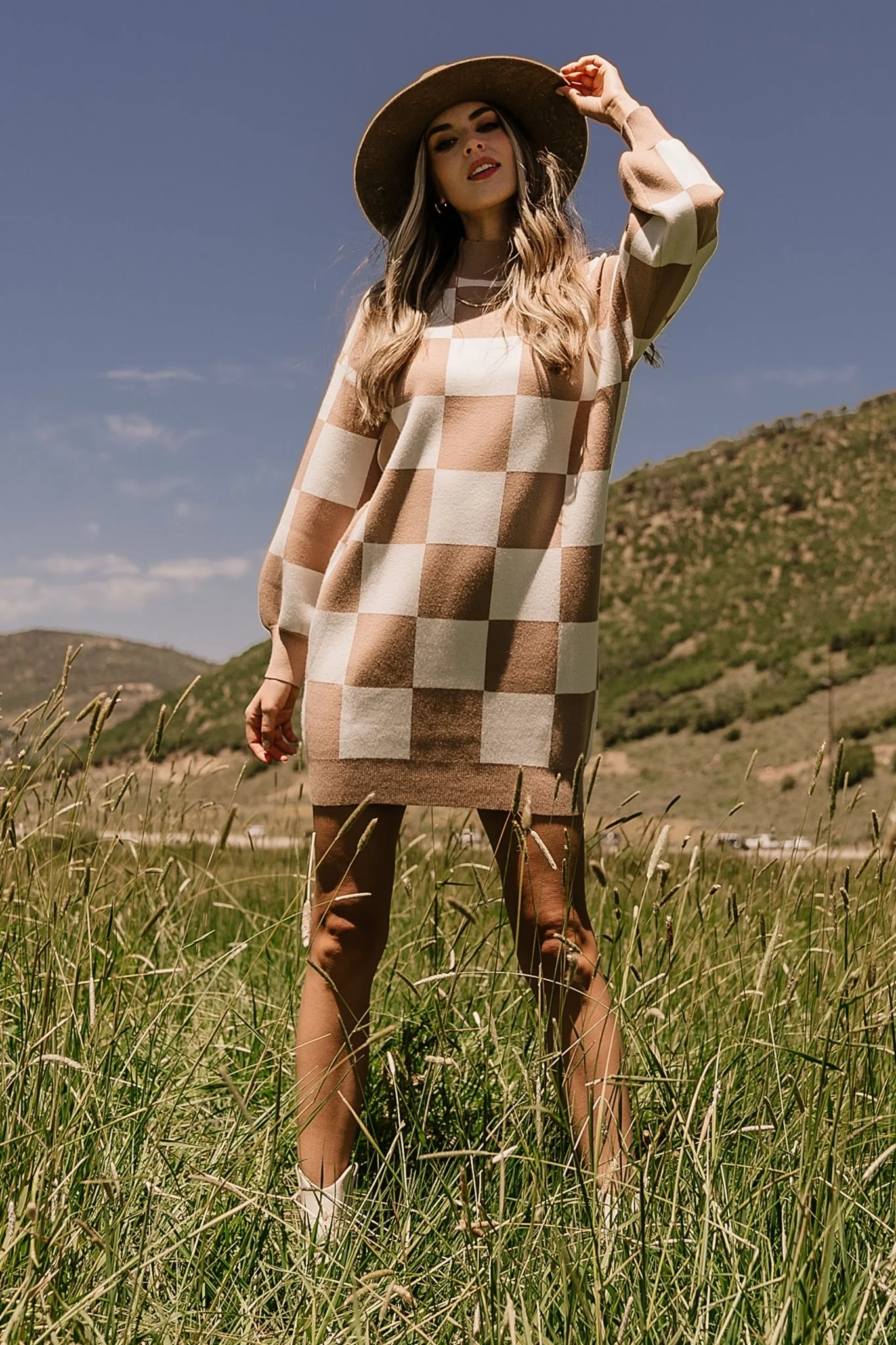 Mattie Checkered Sweater Dress | Taupe