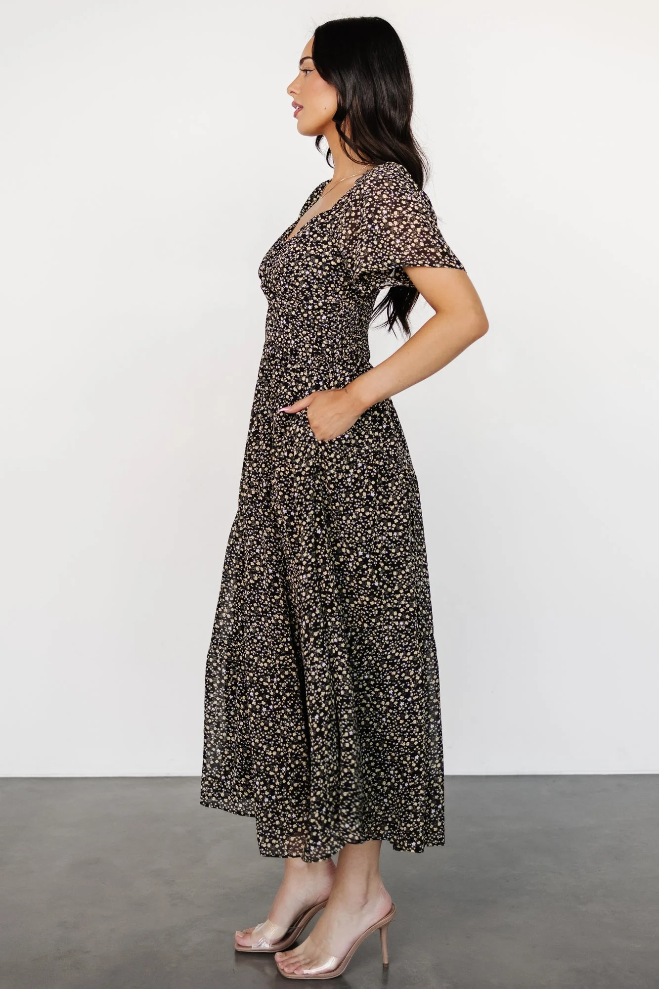 Emiliana Dress | Black + Gold Floral
