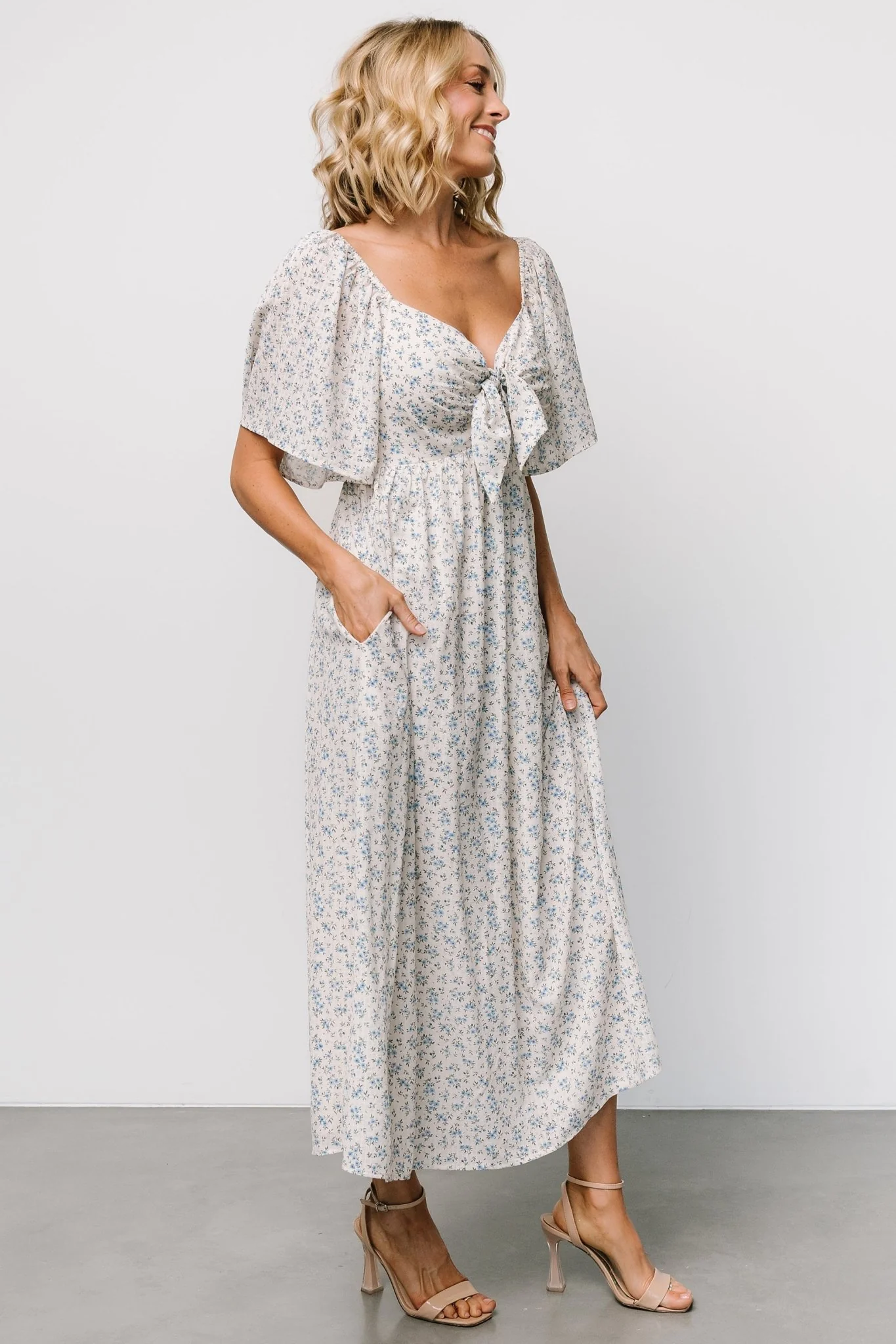 Carah Tie Dress | Off White + Blue Floral