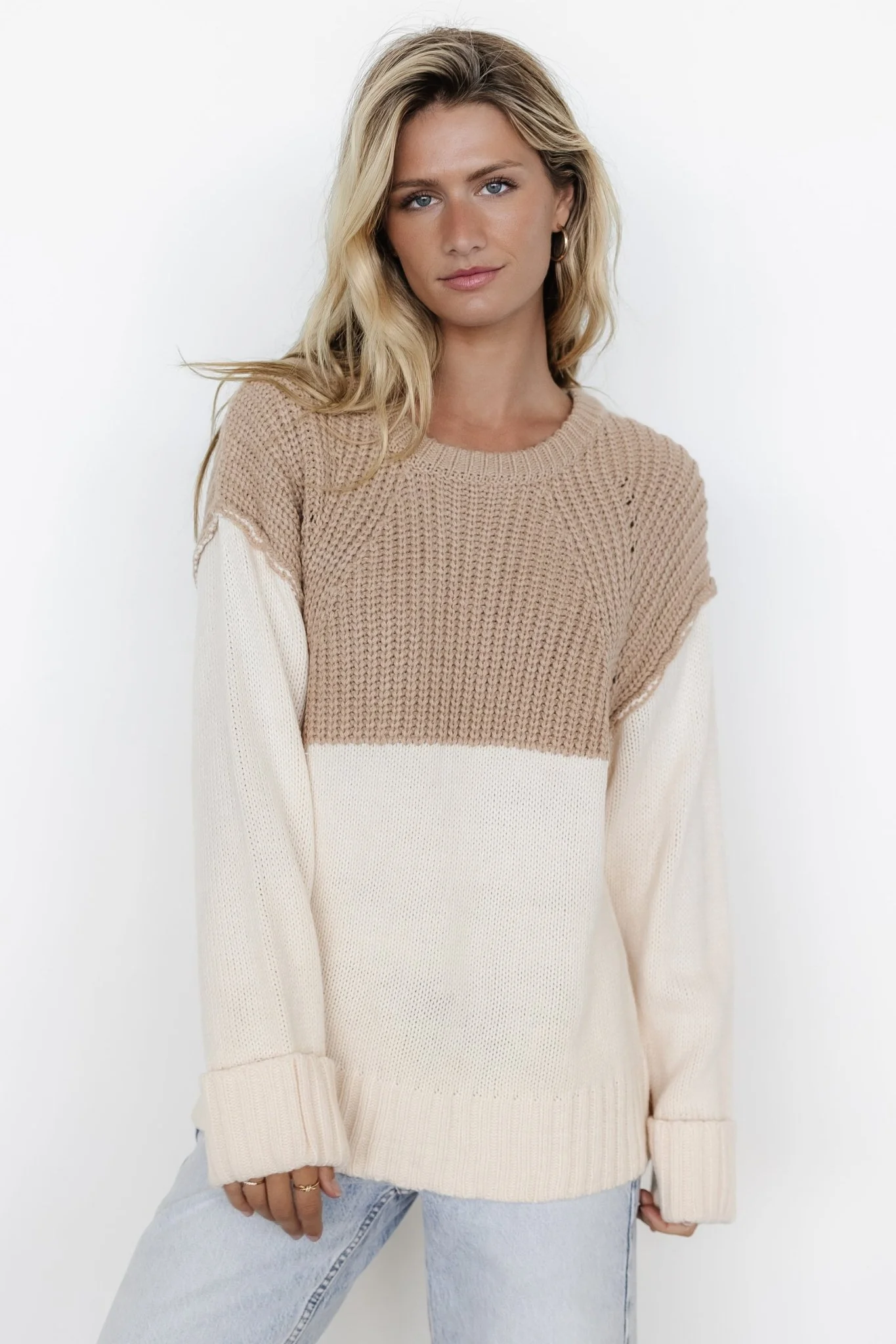 Mabel Cuffed Sweater | Cream + Taupe