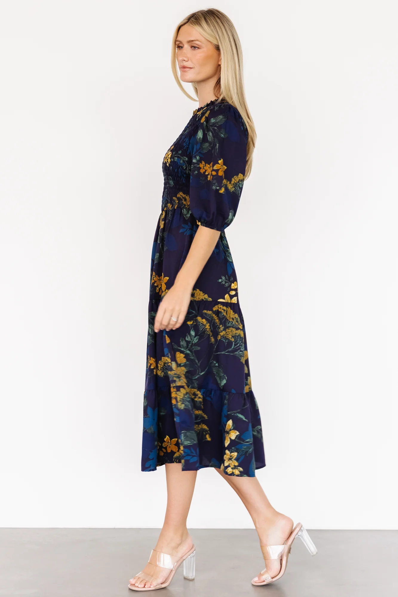 Lena Tiered Midi Dress | Navy + Gold Floral