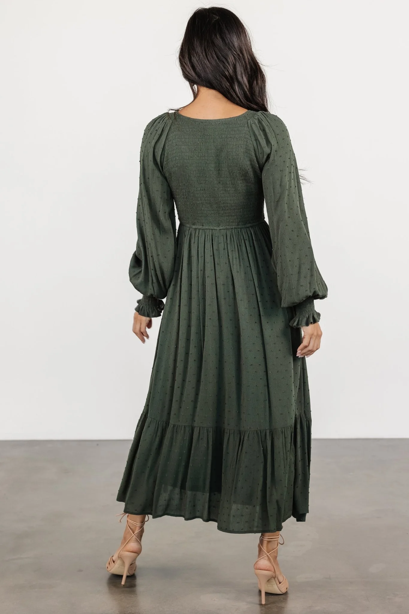 Lainey Smocked Dotted Midi Dress | Deep Olive