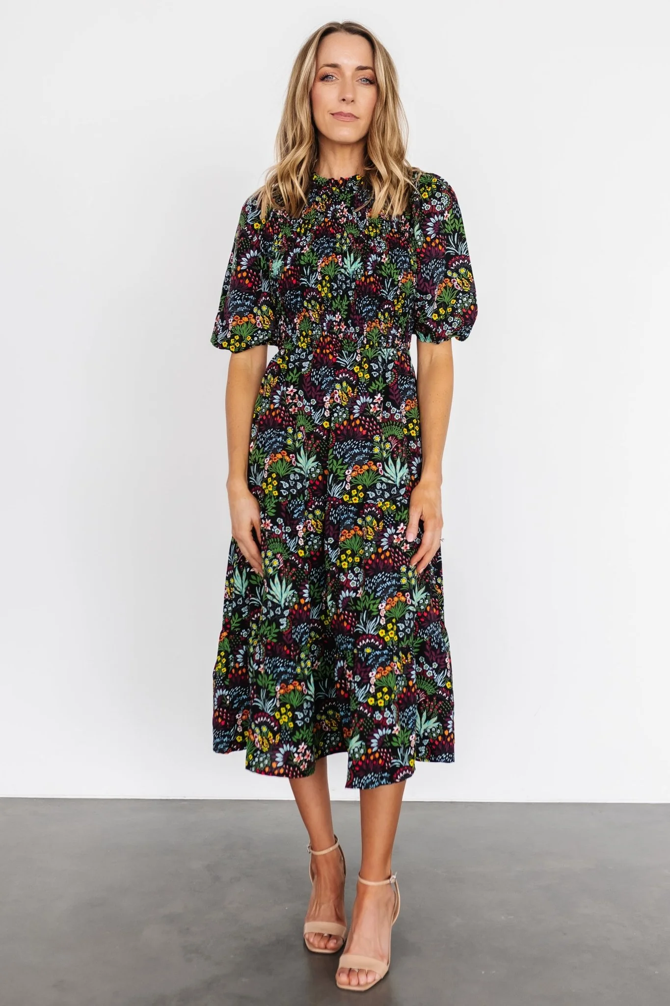 Lena Tiered Midi Dress | Black Multi Floral