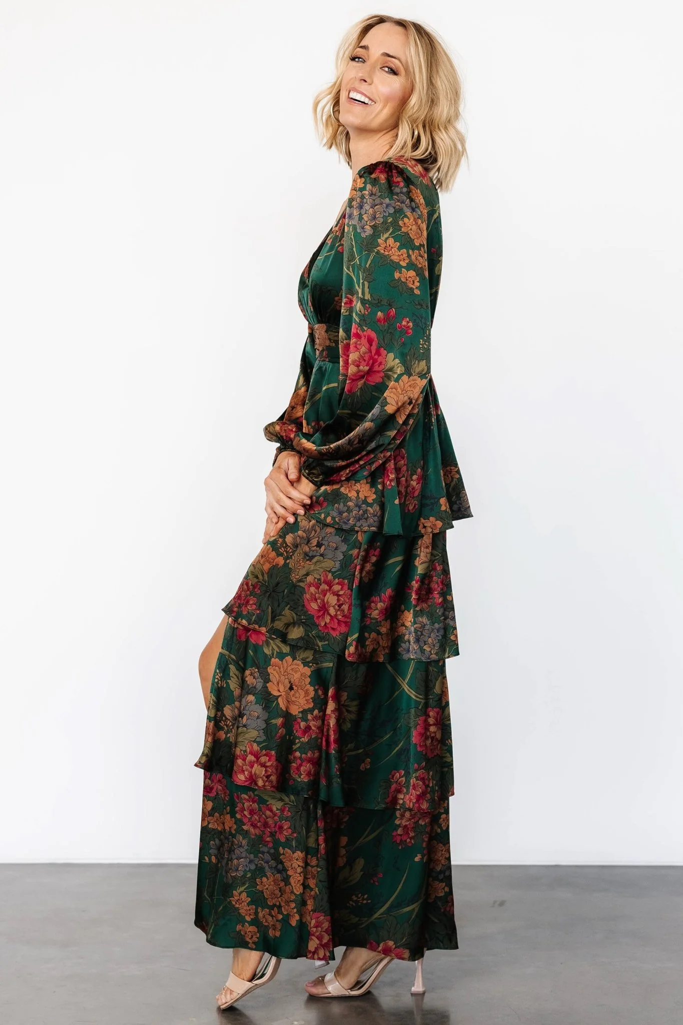 Montrouge Tiered Satin Dress | Emerald Floral