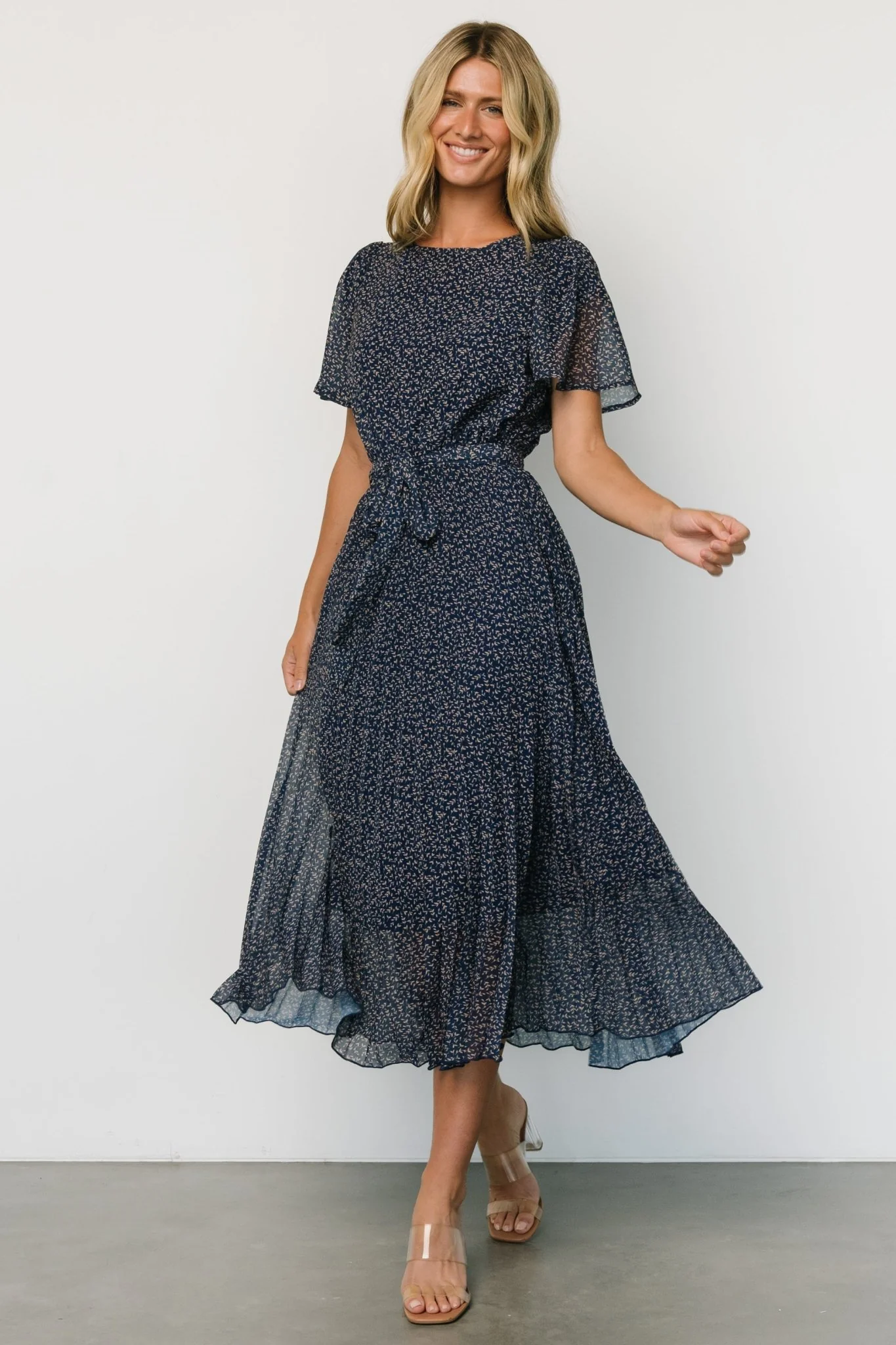 Prim Pleated Dress | Navy Print