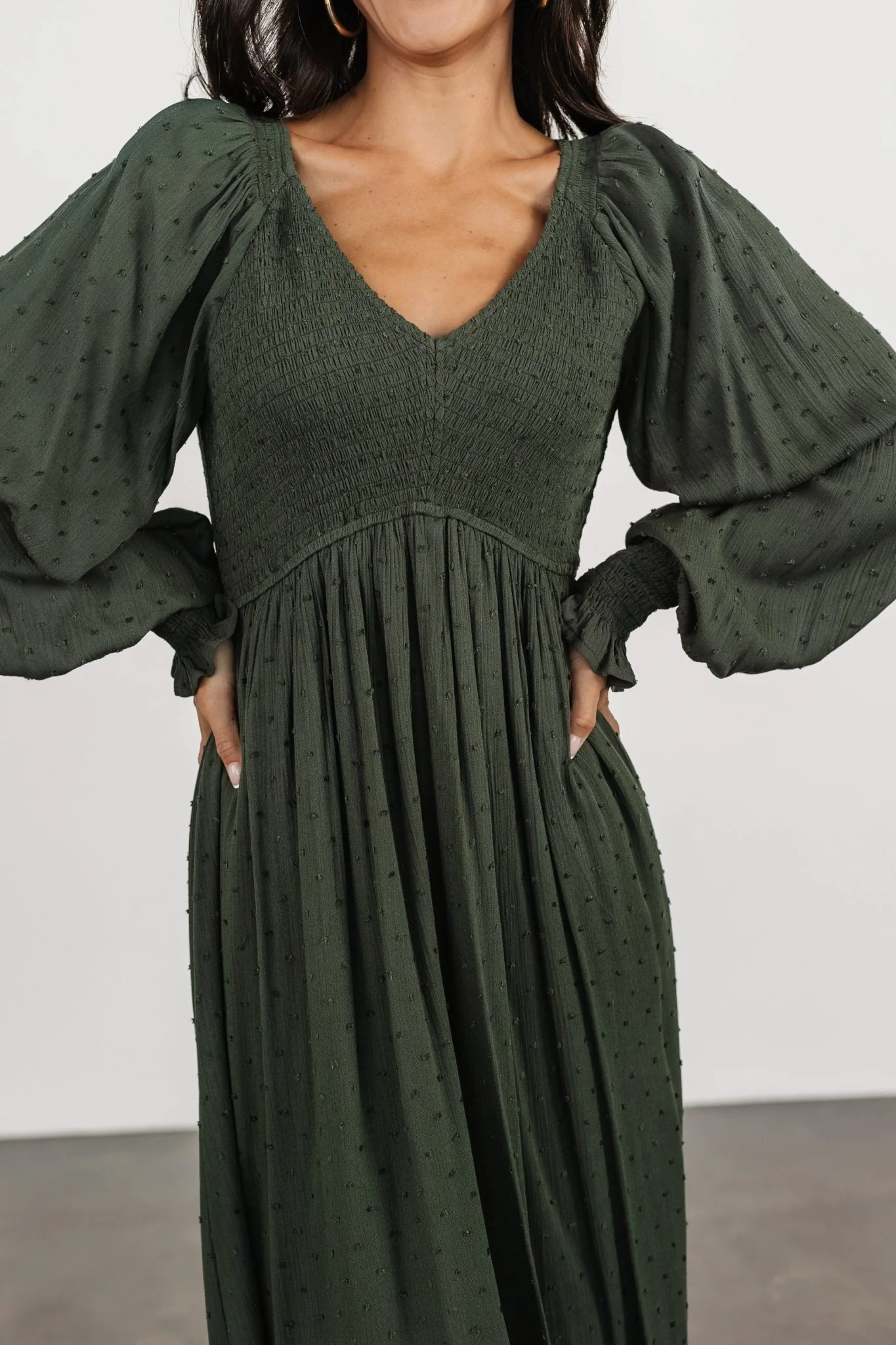 Lainey Smocked Dotted Midi Dress | Deep Olive
