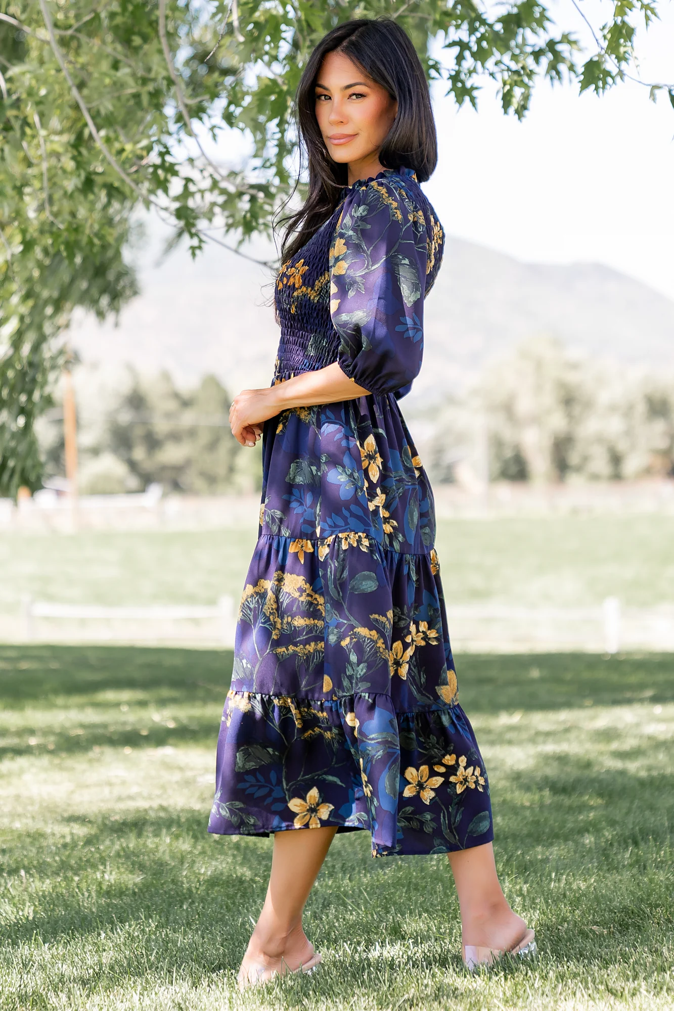 Lena Tiered Midi Dress | Navy + Gold Floral
