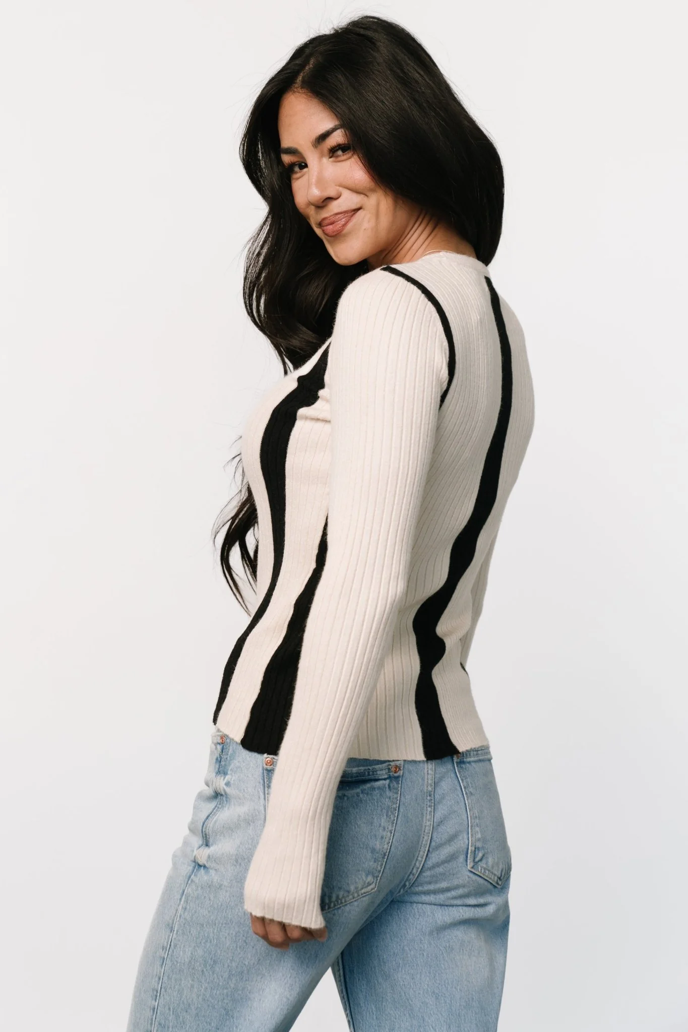 Jolene Ribbed Sweater Top | Natural + Black Stripe