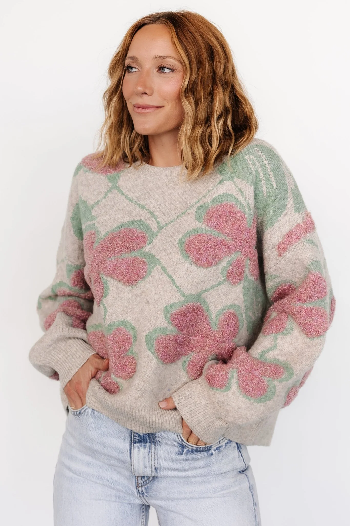 Lisbeth Flower Sweater | Green + Pink