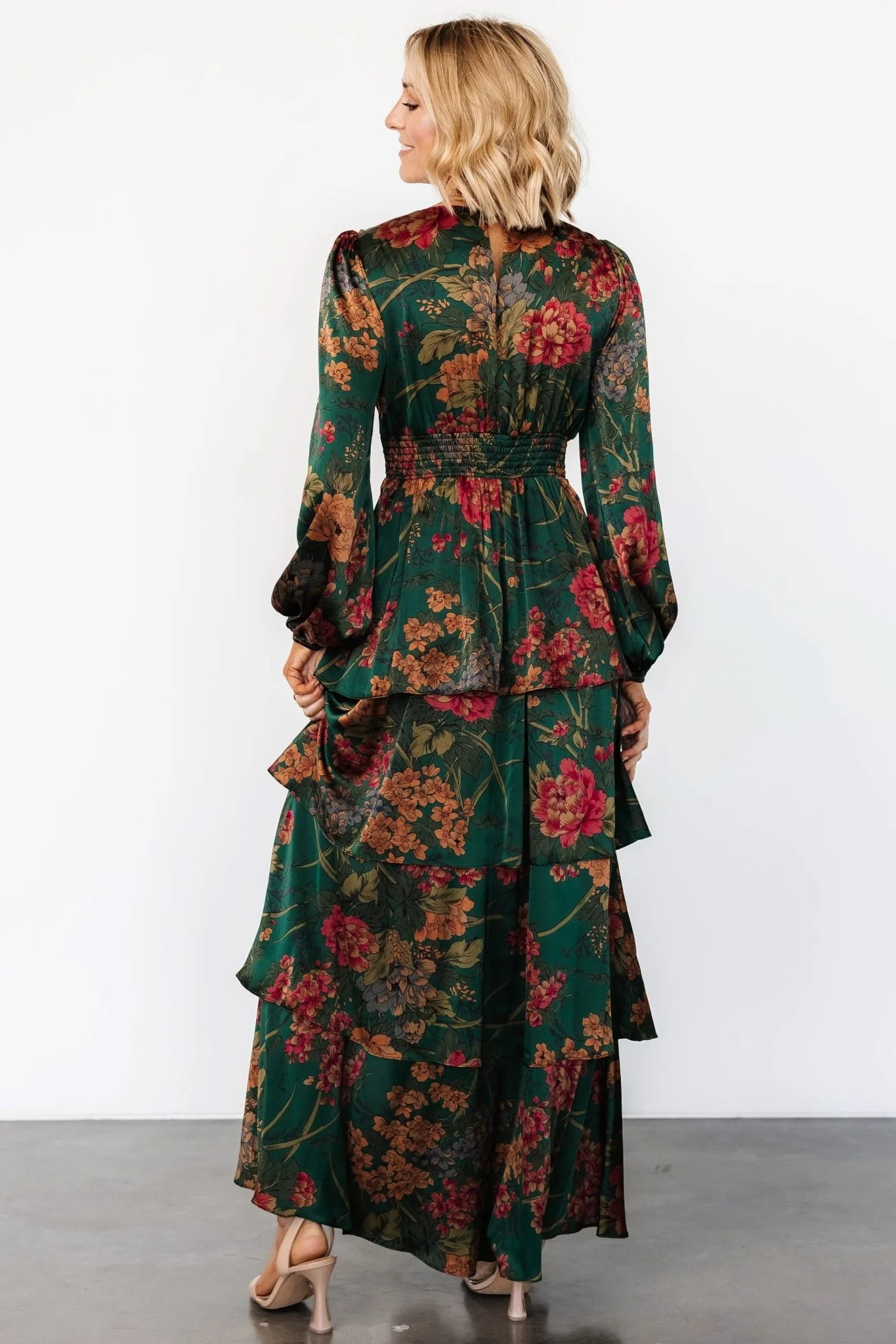 Montrouge Tiered Satin Dress | Emerald Floral