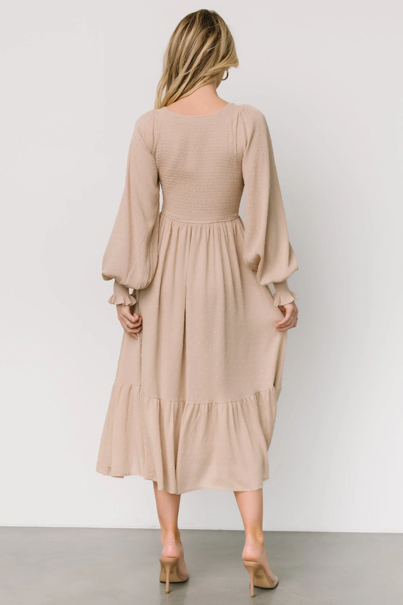 Lainey Smocked Dotted Midi Dress | Beige