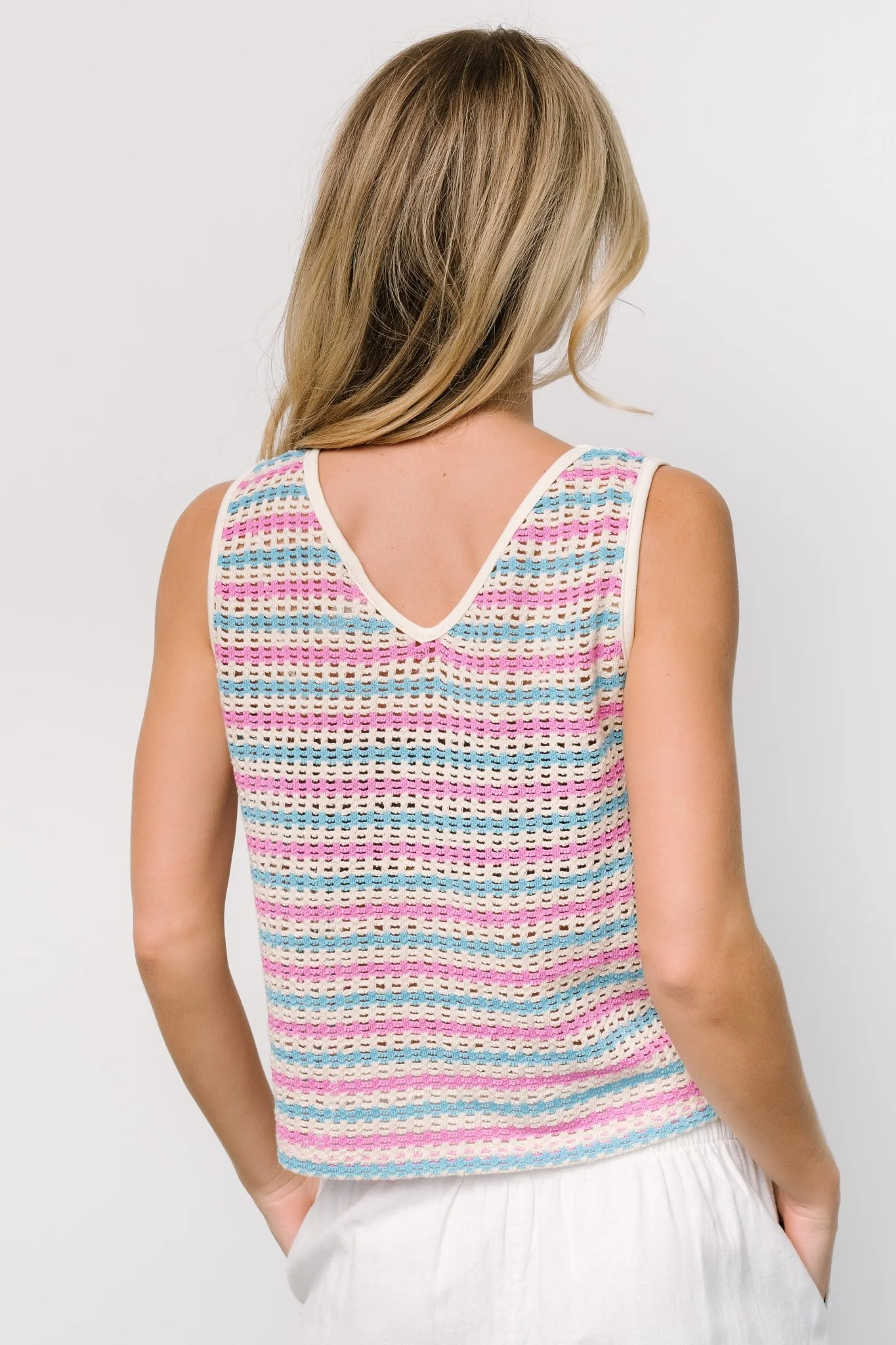 Mirella Open Knit Top | Blue + Pink Stripe