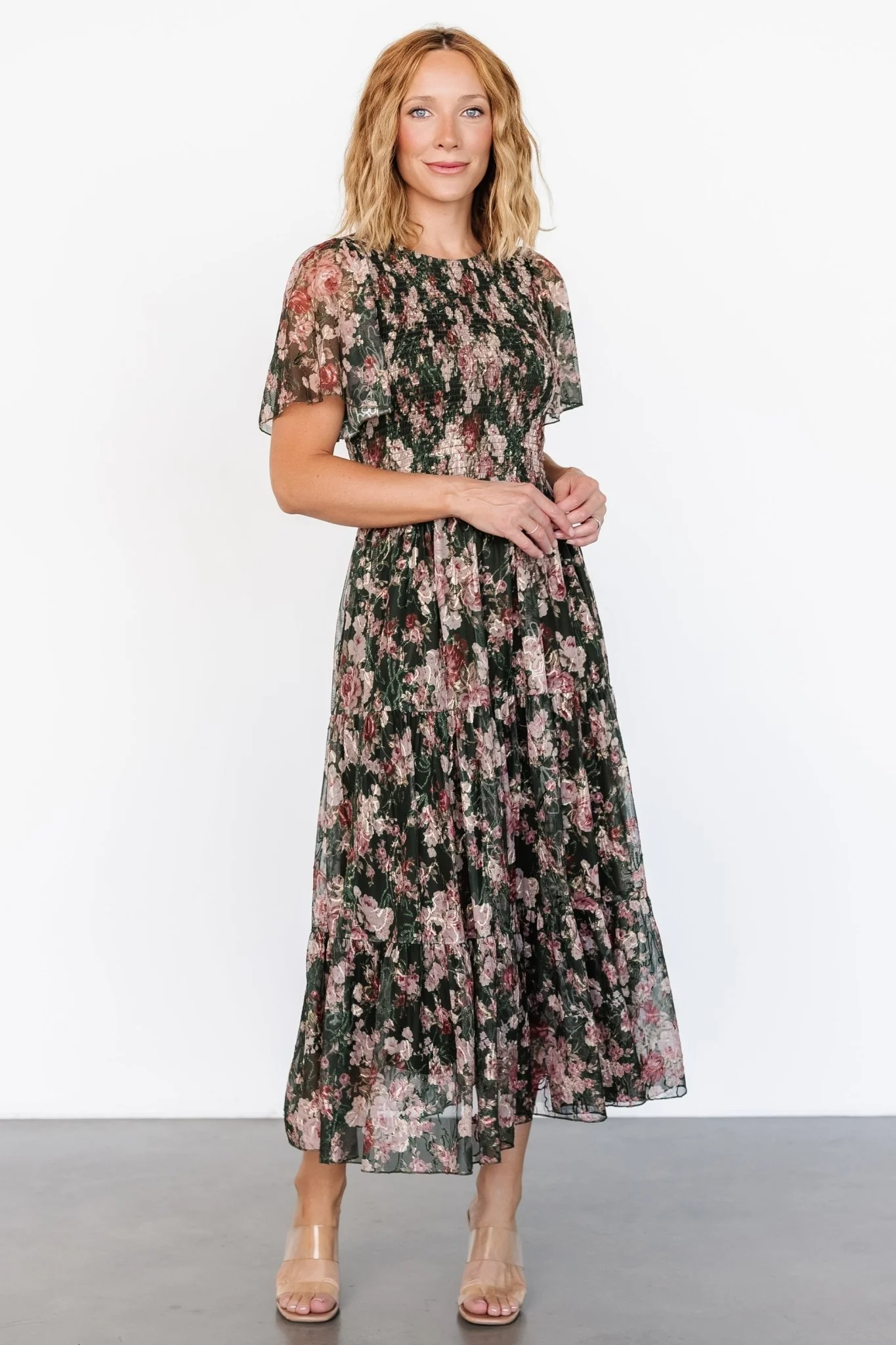 Mara Embroidered Tulle Dress | Dark Green + Blush Floral