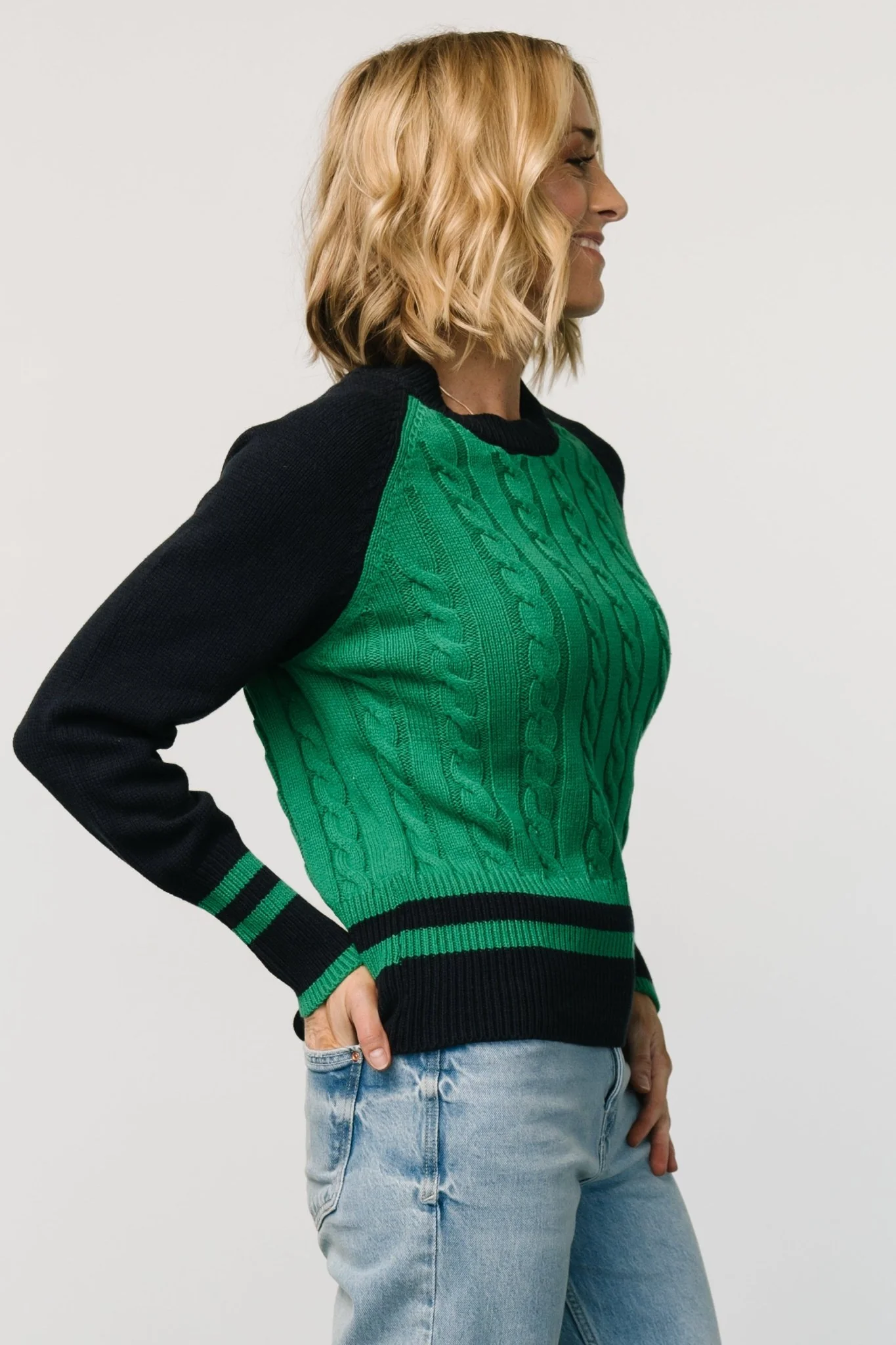 Marsha Cable Knit Sweater | Green + Navy