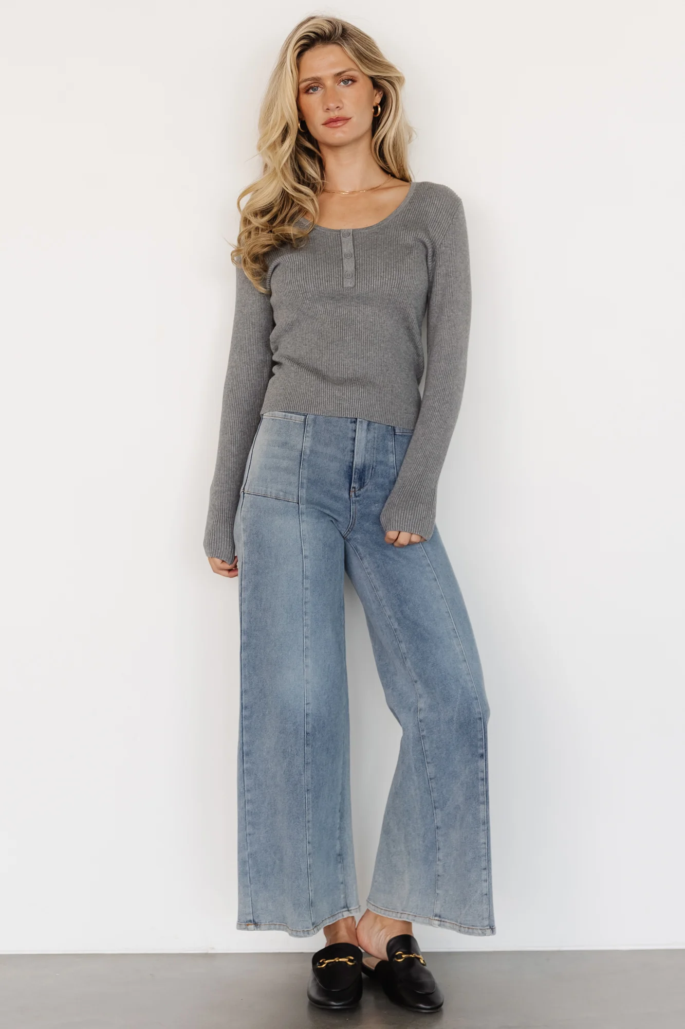 Leo Ribbed Henley Top | Gray