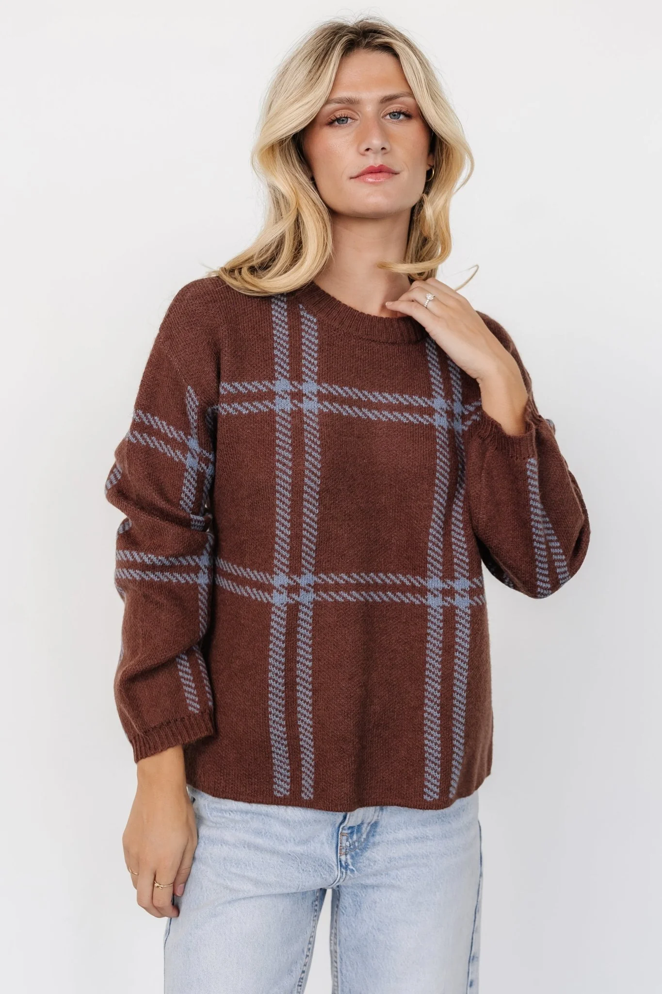 Francie Sweater | Brown + Blue Plaid