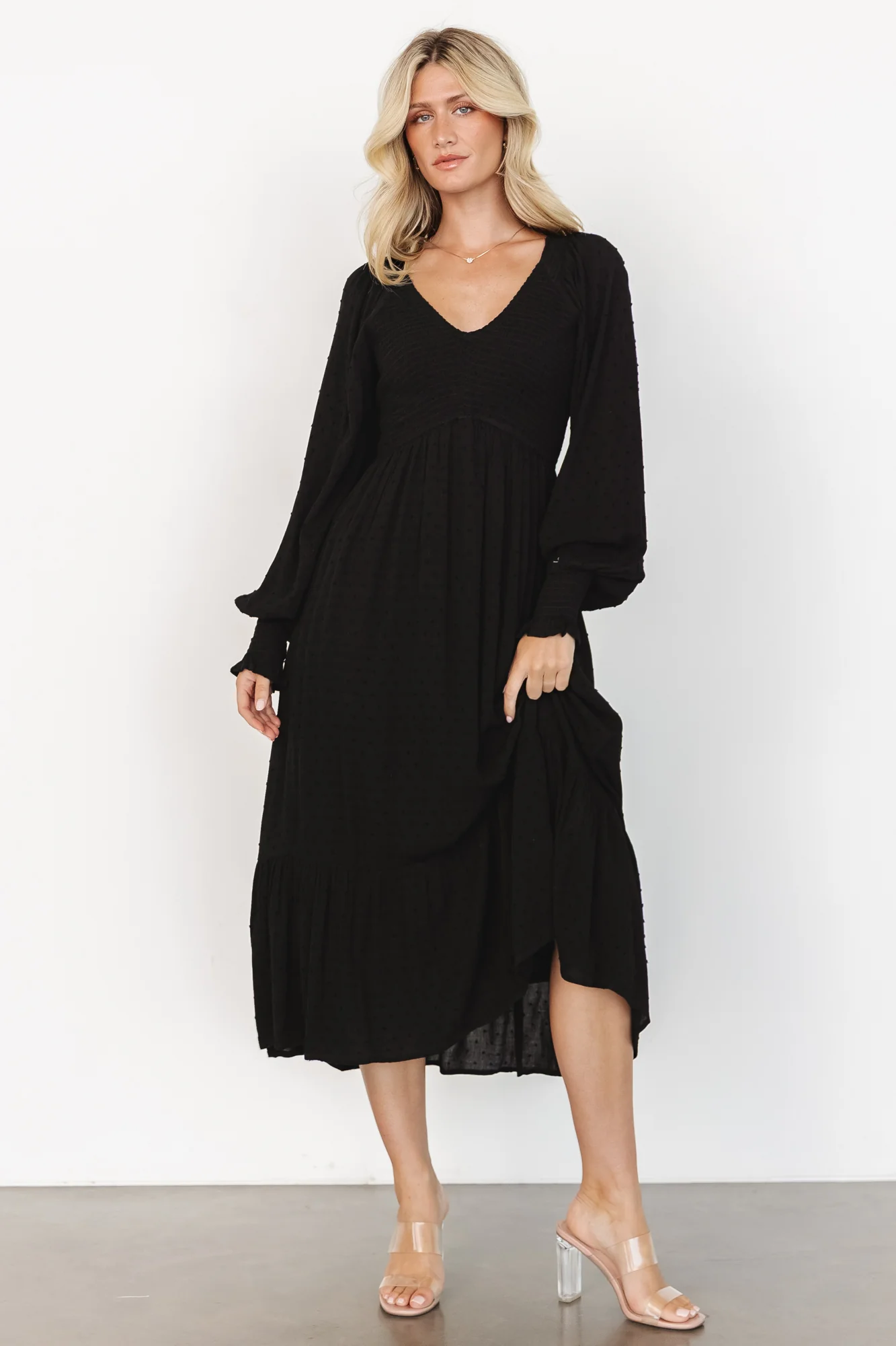 Lainey Smocked Dotted Midi Dress | Black