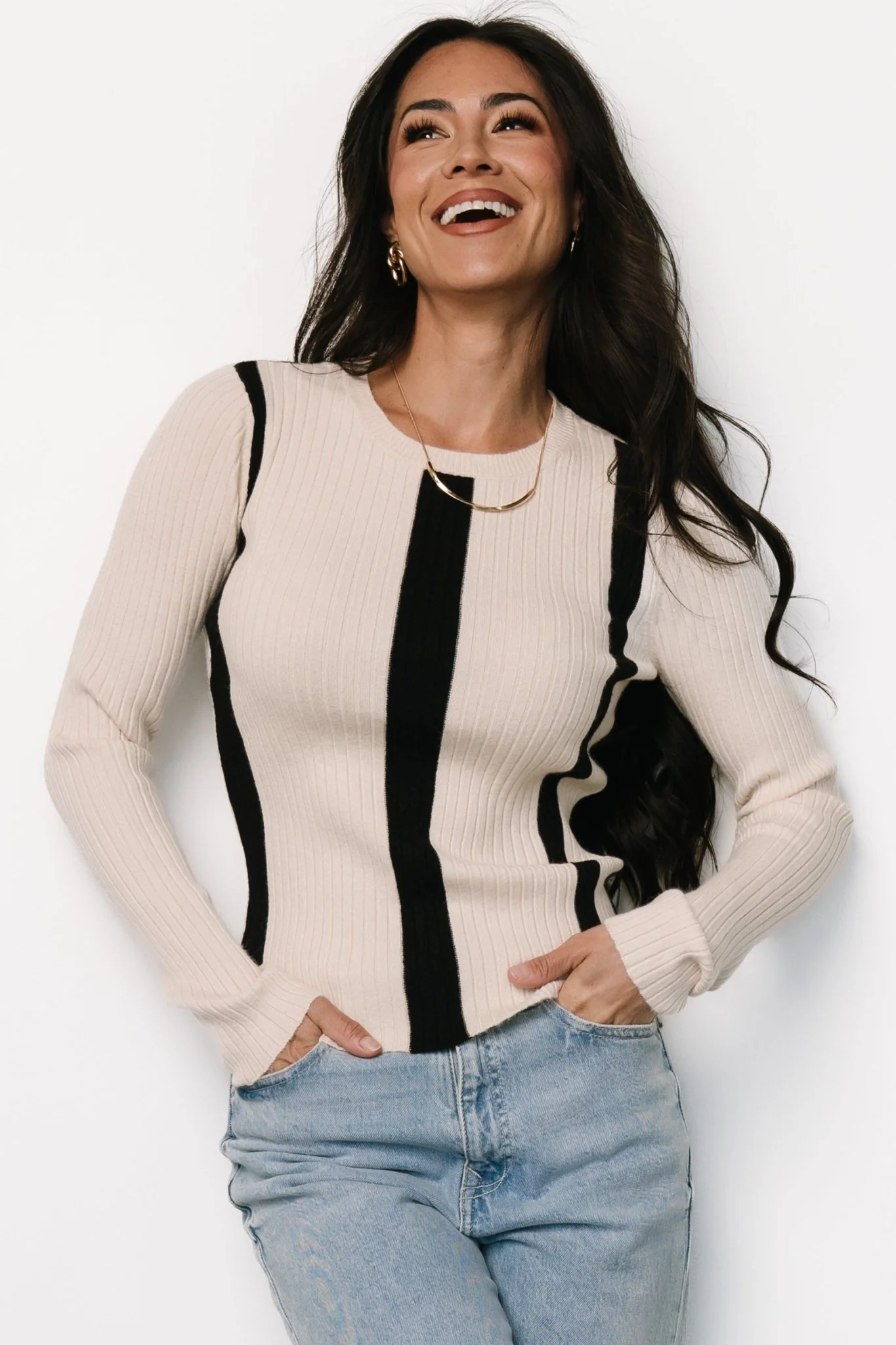 Jolene Ribbed Sweater Top | Natural + Black Stripe
