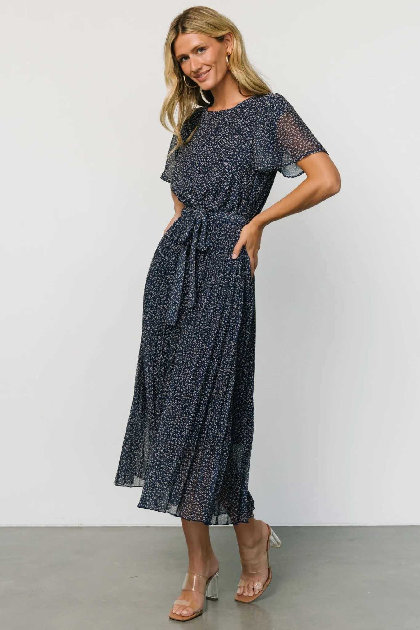 Prim Pleated Dress | Navy Print