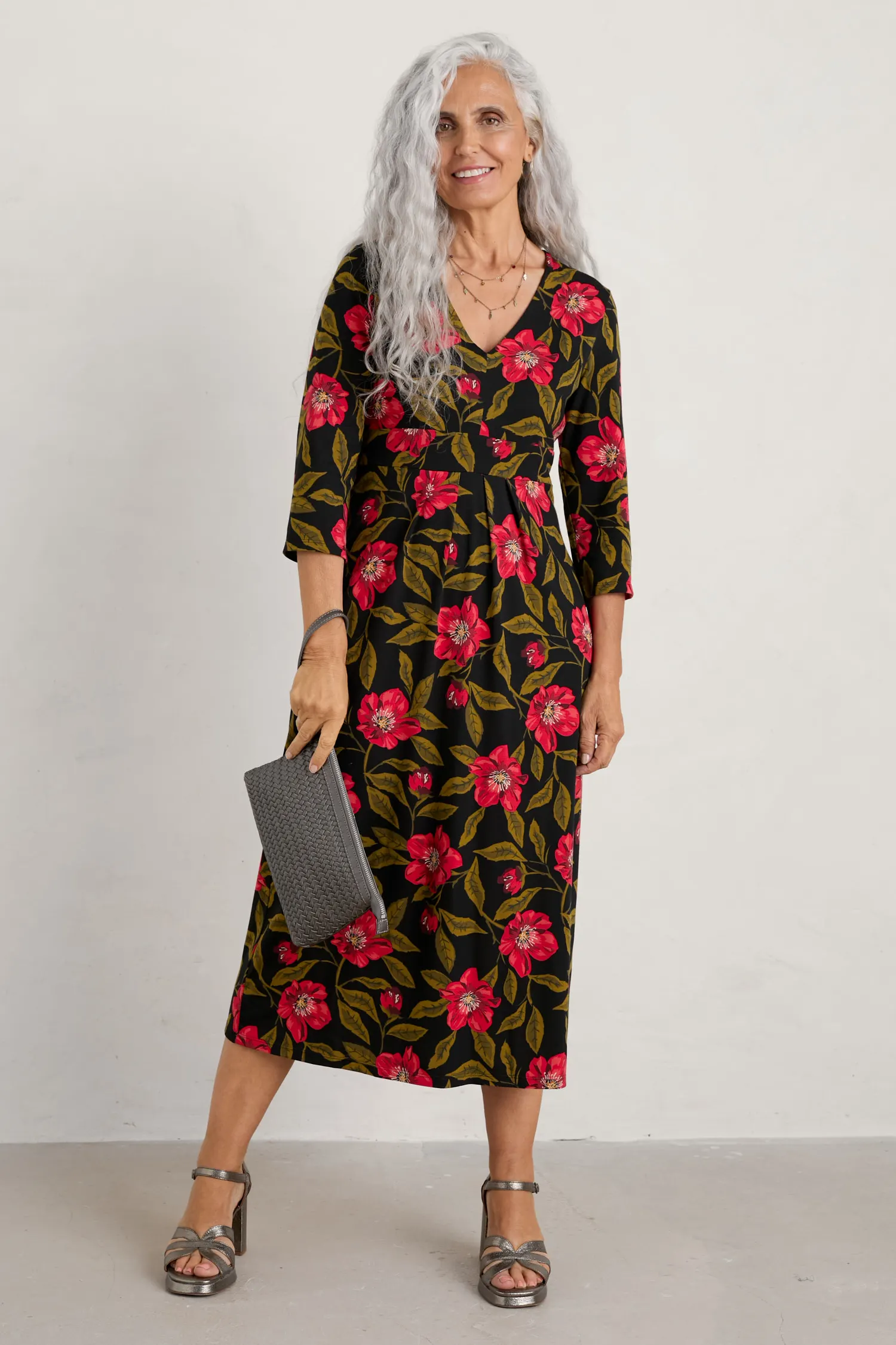 Flower Bud Jersey V- Neck Midi Dress
