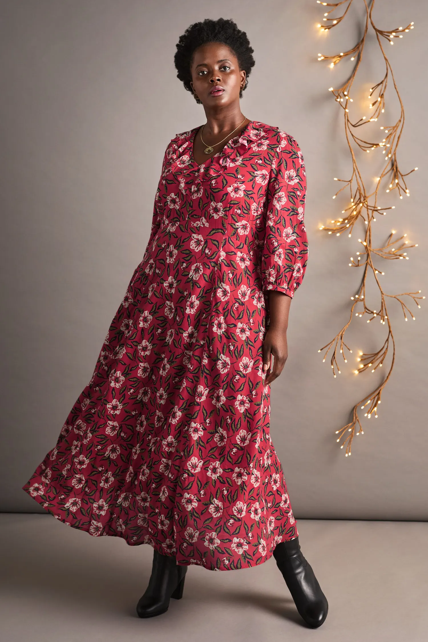 Furled Flower V-Neck Dress